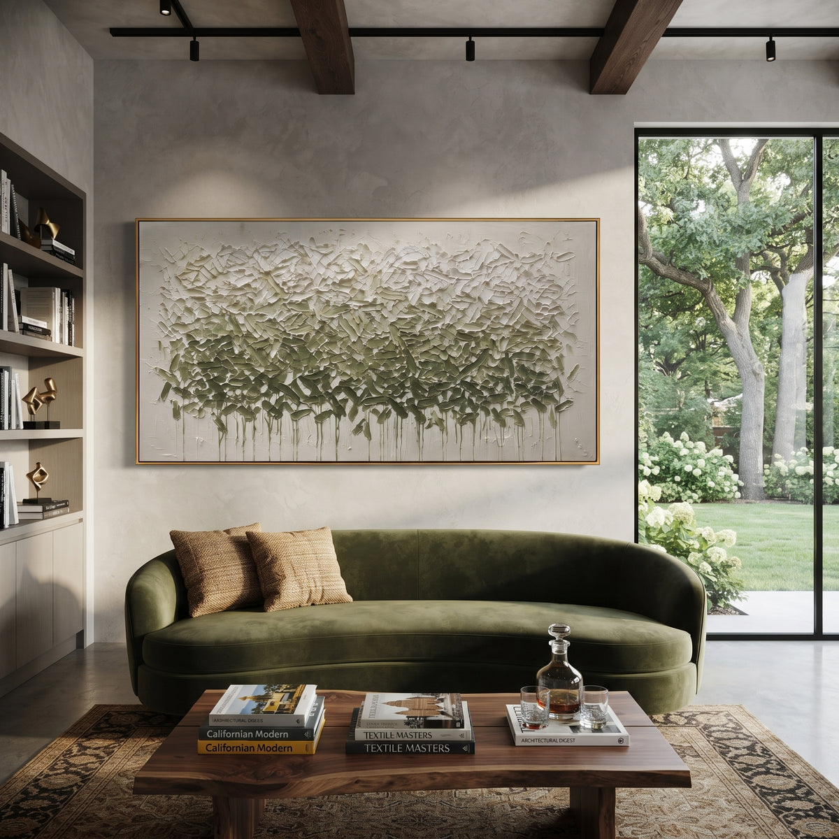 Sage Leaf Canopy Relief focuses on sage and white leafy canopy with raised horizontal foliage texture, using the sage green family as the main atmosphere while keeping the subject and composition specific to the actual main image. The visible details are described from the artwork itself: the placement of the main forms, the surrounding negative space, the relationship between pale highlights and deeper green or dark accents, and the direction of the brushwork across the surface. Raised