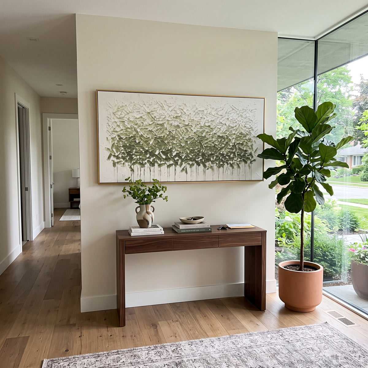 Sage Leaf Canopy Relief focuses on sage and white leafy canopy with raised horizontal foliage texture, using the sage green family as the main atmosphere while keeping the subject and composition specific to the actual main image. The visible details are described from the artwork itself: the placement of the main forms, the surrounding negative space, the relationship between pale highlights and deeper green or dark accents, and the direction of the brushwork across the surface. Raised