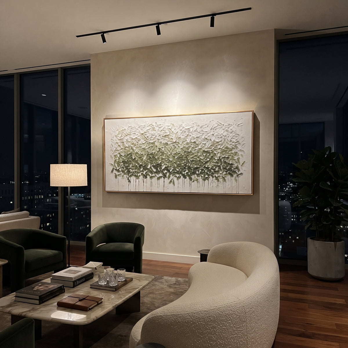 Sage Leaf Canopy Relief focuses on sage and white leafy canopy with raised horizontal foliage texture, using the sage green family as the main atmosphere while keeping the subject and composition specific to the actual main image. The visible details are described from the artwork itself: the placement of the main forms, the surrounding negative space, the relationship between pale highlights and deeper green or dark accents, and the direction of the brushwork across the surface. Raised