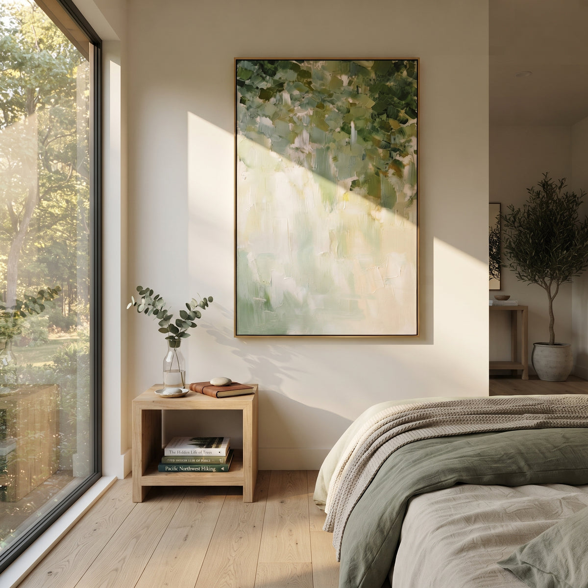 Soft Garden Green Blossom focuses on soft white garden blossoms dissolving into sage green brushwork, using the sage green family as the main atmosphere while keeping the subject and composition specific to the actual main image. The visible details are described from the artwork itself: the placement of the main forms, the surrounding negative space, the relationship between pale highlights and deeper green or dark accents, and the direction of the brushwork across the surface. Raised