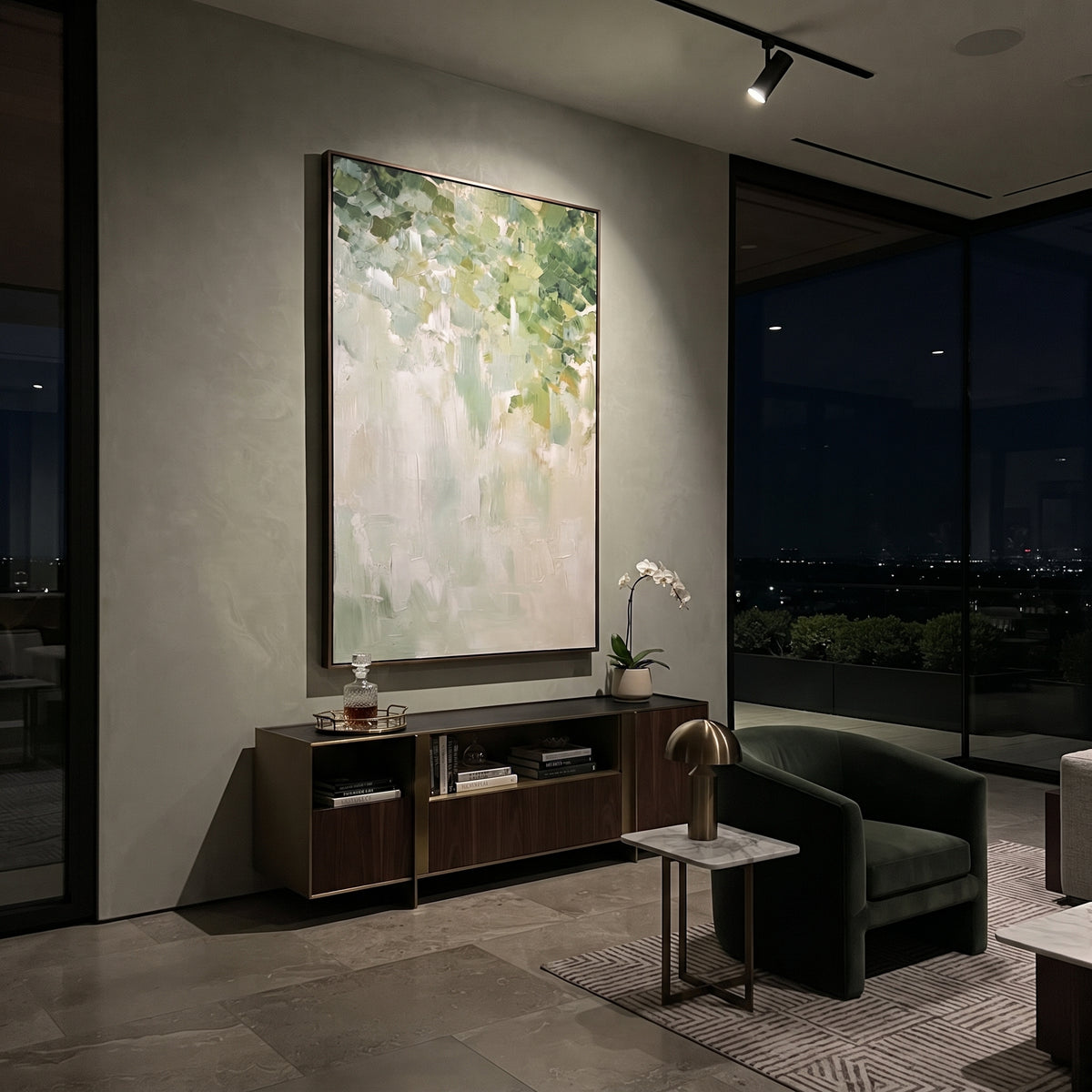 Soft Garden Green Blossom focuses on soft white garden blossoms dissolving into sage green brushwork, using the sage green family as the main atmosphere while keeping the subject and composition specific to the actual main image. The visible details are described from the artwork itself: the placement of the main forms, the surrounding negative space, the relationship between pale highlights and deeper green or dark accents, and the direction of the brushwork across the surface. Raised
