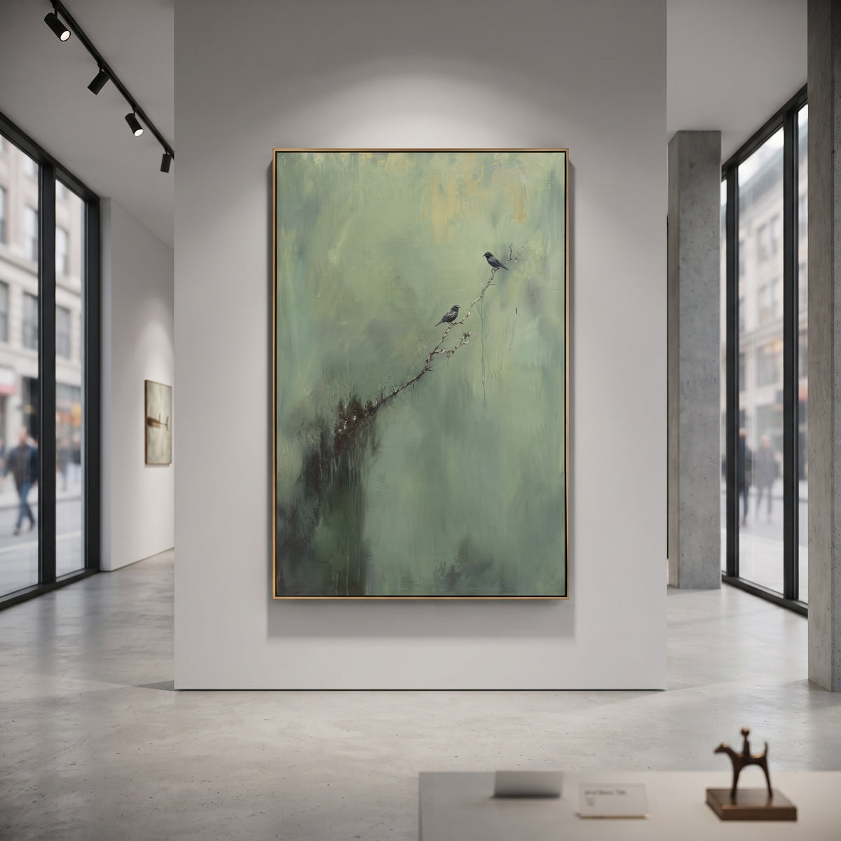 Small Birds On Sage Branch focuses on two small dark birds perched on a fine branch over a muted sage field, using the sage green family as the main atmosphere while keeping the subject and composition specific to the actual main image. The visible details are described from the artwork itself: the placement of the main forms, the surrounding negative space, the relationship between pale highlights and deeper green or dark accents, and the direction of the brushwork across the surface. Raised