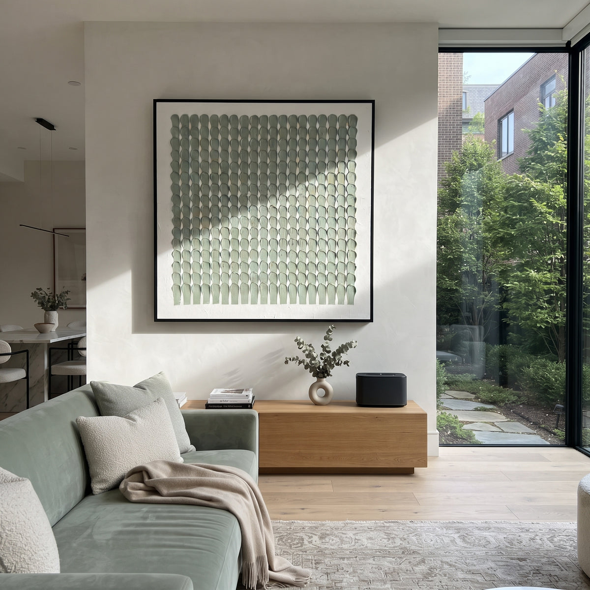 Sage Oval Tile Grid Relief focuses on orderly raised oval tiles arranged in a quiet sage and white grid, using the sage green family as the main atmosphere while keeping the subject and composition specific to the actual main image. The visible details are described from the artwork itself: the placement of the main forms, the surrounding negative space, the relationship between pale highlights and deeper green or dark accents, and the direction of the brushwork across the surface. Raised
