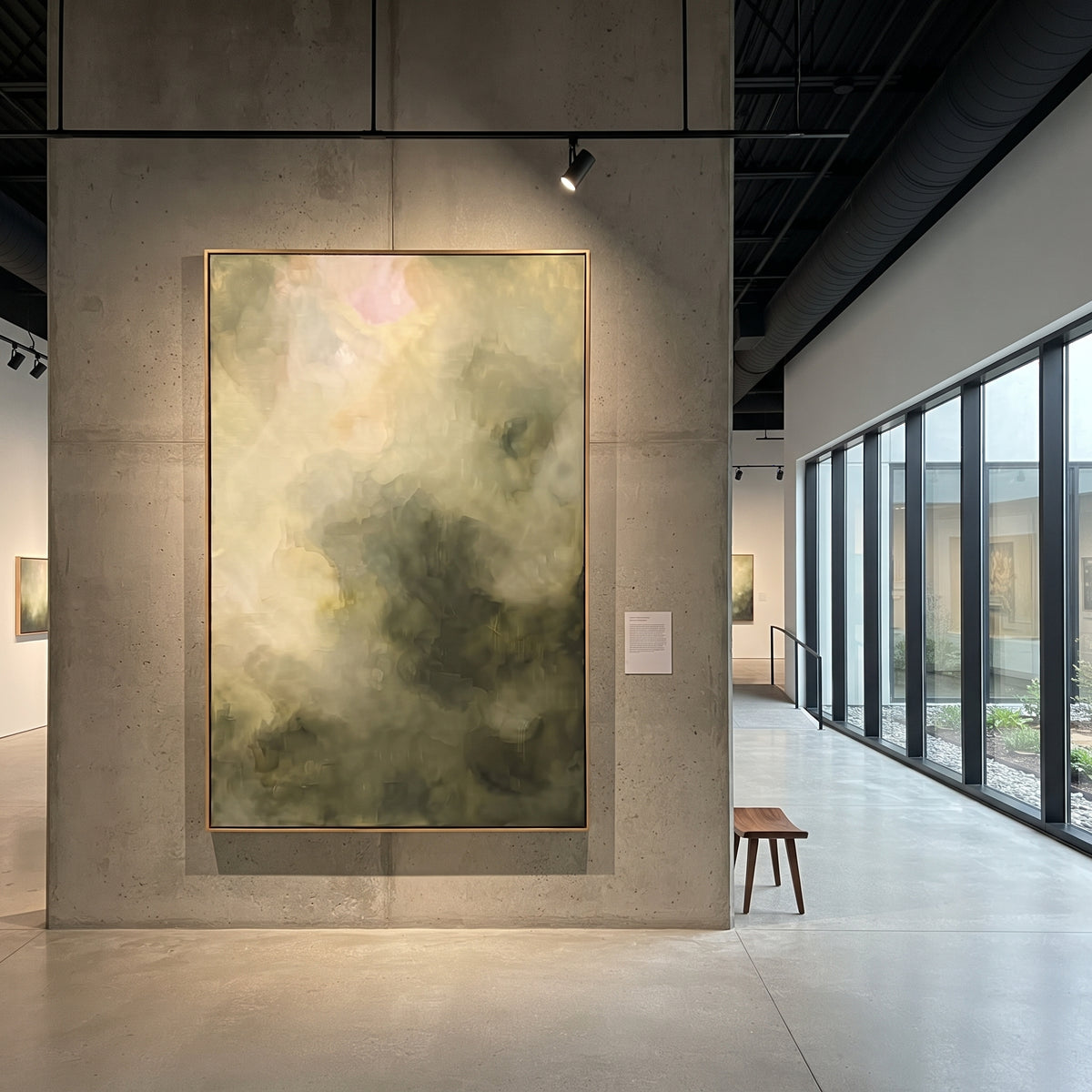 Smoky Sage Cloud Abstract focuses on smoky sage and olive clouds with soft cream light moving through the center, using the sage green family as the main atmosphere while keeping the subject and composition specific to the actual main image. The visible details are described from the artwork itself: the placement of the main forms, the surrounding negative space, the relationship between pale highlights and deeper green or dark accents, and the direction of the brushwork across the surface.