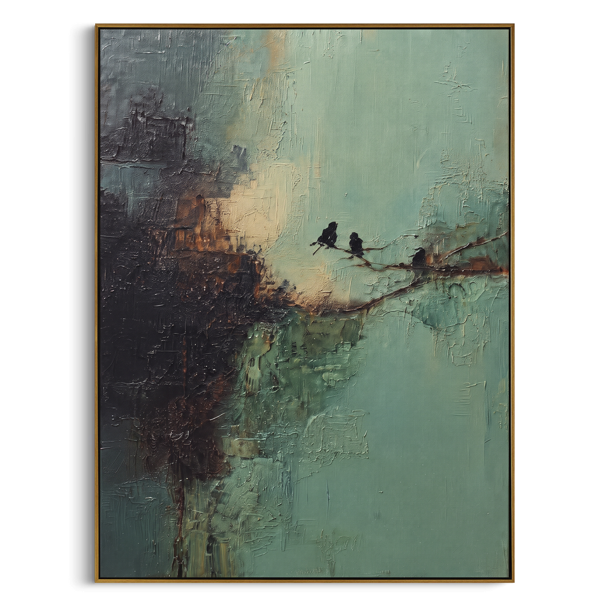 Two Birds On Weathered Branch focuses on two dark birds resting on a thin weathered branch across a blue green ground, using the sage green family as the main atmosphere while keeping the subject and composition specific to the actual main image. The visible details are described from the artwork itself: the placement of the main forms, the surrounding negative space, the relationship between pale highlights and deeper green or dark accents, and the direction of the brushwork across the surface.