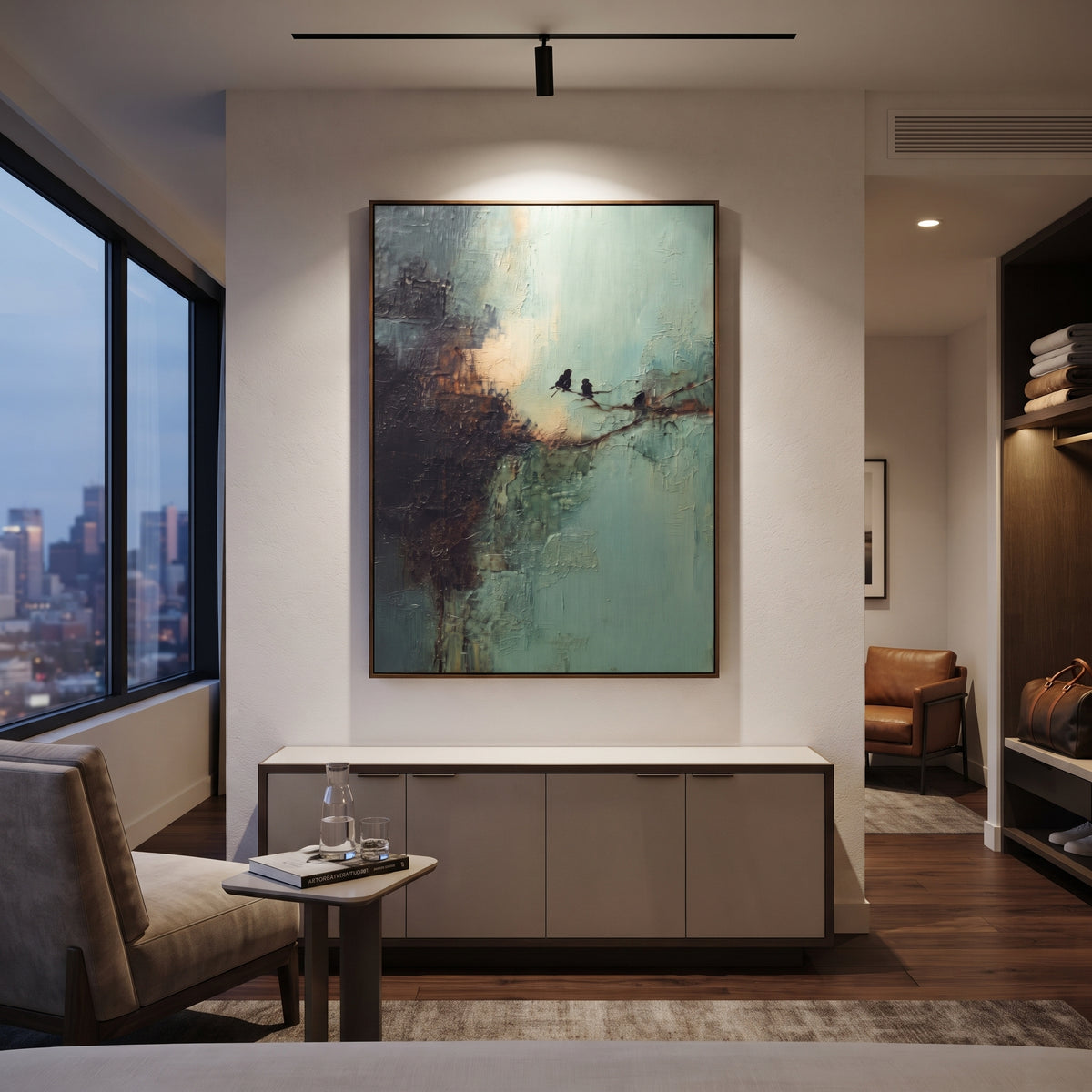 Two Birds On Weathered Branch focuses on two dark birds resting on a thin weathered branch across a blue green ground, using the sage green family as the main atmosphere while keeping the subject and composition specific to the actual main image. The visible details are described from the artwork itself: the placement of the main forms, the surrounding negative space, the relationship between pale highlights and deeper green or dark accents, and the direction of the brushwork across the surface.
