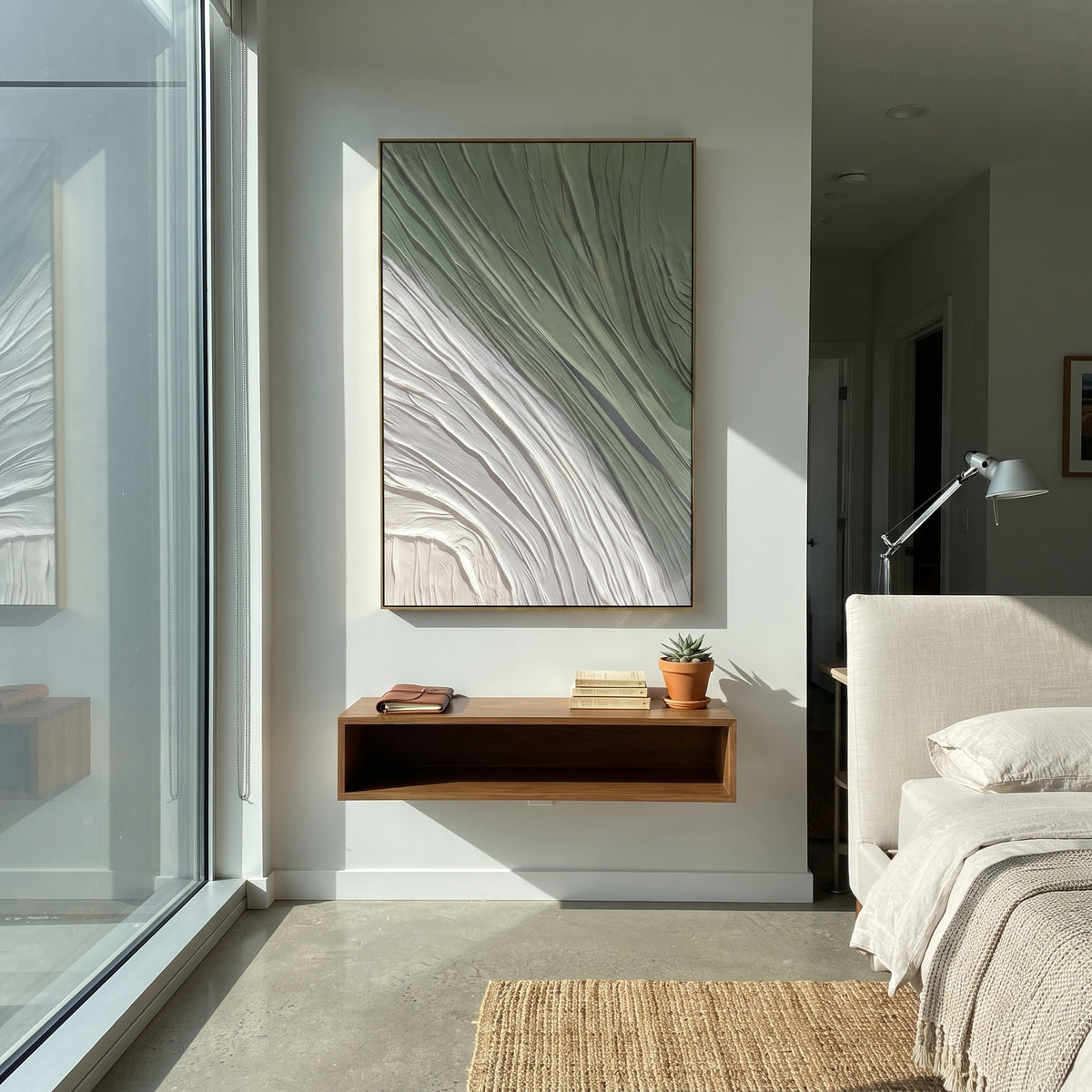 Green White Flowing Line Relief focuses on curved green and white flowing ridges sweeping diagonally across the canvas, using the sage green family as the main atmosphere while keeping the subject and composition specific to the actual main image. The visible details are described from the artwork itself: the placement of the main forms, the surrounding negative space, the relationship between pale highlights and deeper green or dark accents, and the direction of the brushwork across the