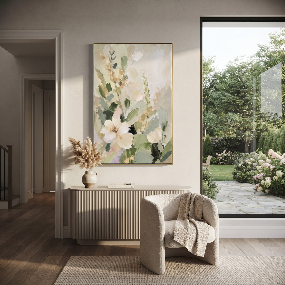White Blossom Sage Garden focuses on large white blossoms and soft green stems layered over a pale garden ground, using the sage green family as the main atmosphere while keeping the subject and composition specific to the actual main image. The visible details are described from the artwork itself: the placement of the main forms, the surrounding negative space, the relationship between pale highlights and deeper green or dark accents, and the direction of the brushwork across the surface.