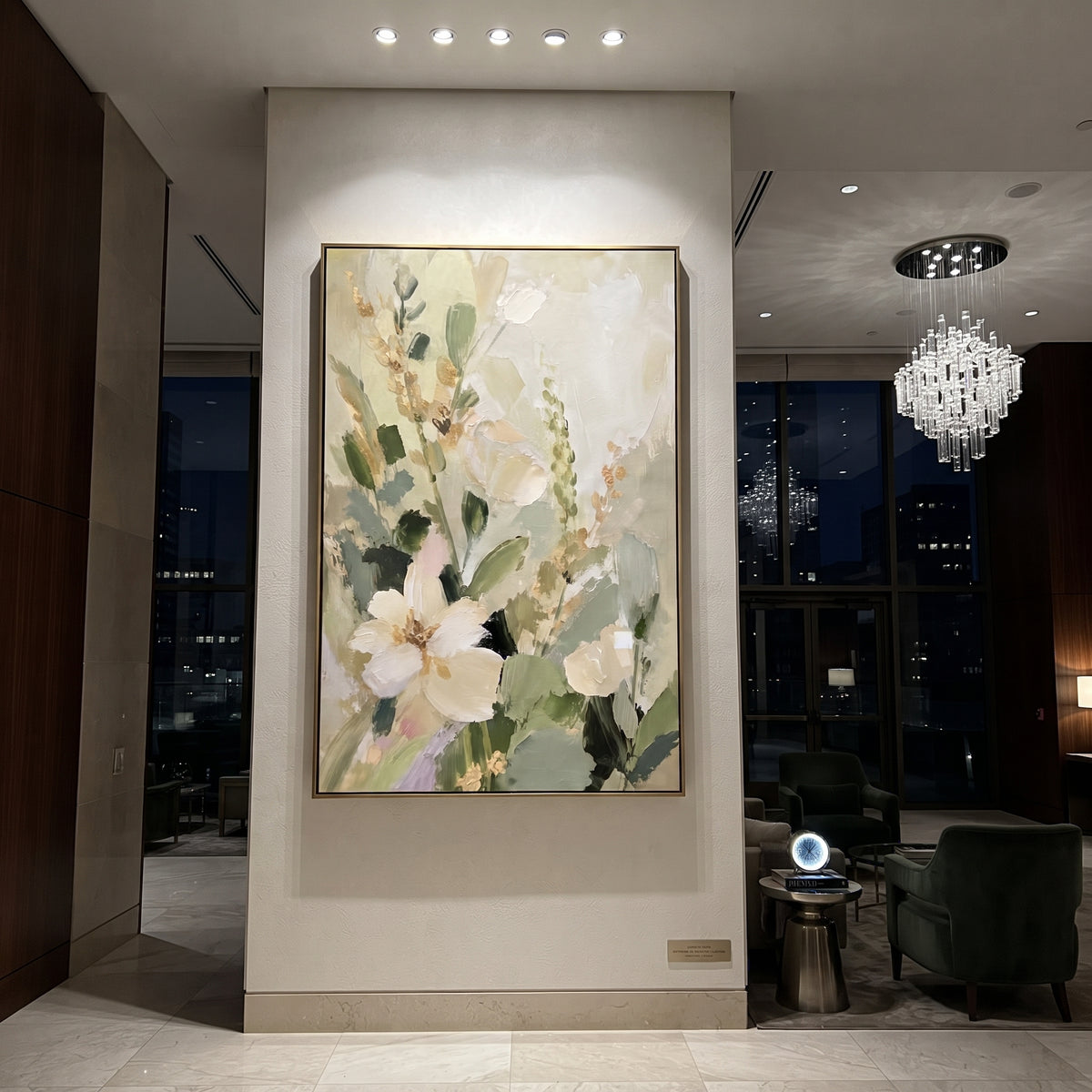 White Blossom Sage Garden focuses on large white blossoms and soft green stems layered over a pale garden ground, using the sage green family as the main atmosphere while keeping the subject and composition specific to the actual main image. The visible details are described from the artwork itself: the placement of the main forms, the surrounding negative space, the relationship between pale highlights and deeper green or dark accents, and the direction of the brushwork across the surface.