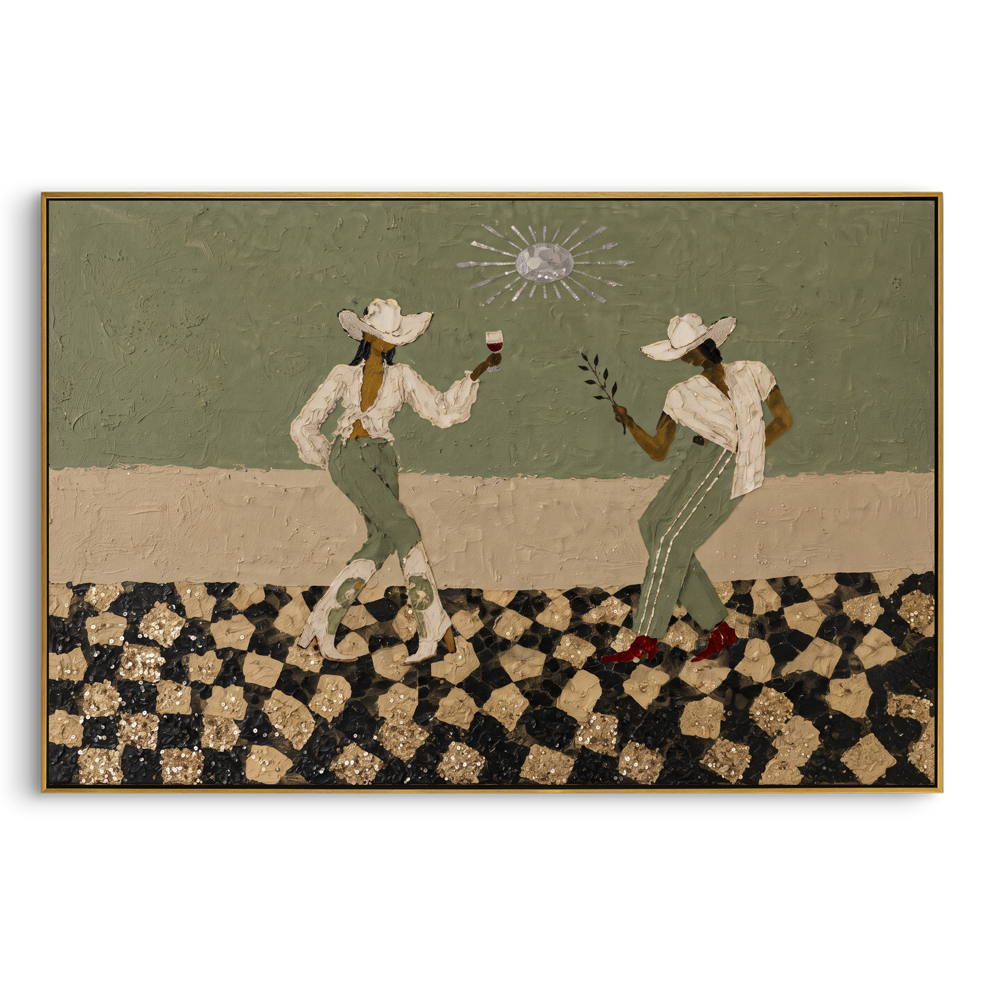 Two Cowboys Checkerboard focuses on two western figures standing on a black and beige checkerboard floor, using the sage green family as the main atmosphere while keeping the subject and composition specific to the actual main image. The visible details are described from the artwork itself: the placement of the main forms, the surrounding negative space, the relationship between pale highlights and deeper green or dark accents, and the direction of the brushwork across the surface. Raised