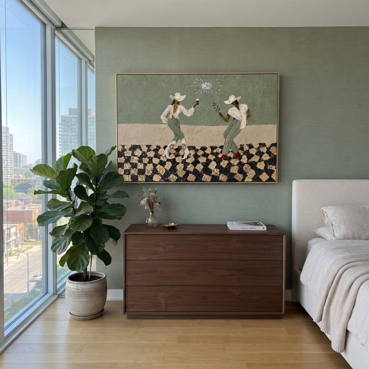 Two Cowboys Checkerboard focuses on two western figures standing on a black and beige checkerboard floor, using the sage green family as the main atmosphere while keeping the subject and composition specific to the actual main image. The visible details are described from the artwork itself: the placement of the main forms, the surrounding negative space, the relationship between pale highlights and deeper green or dark accents, and the direction of the brushwork across the surface. Raised
