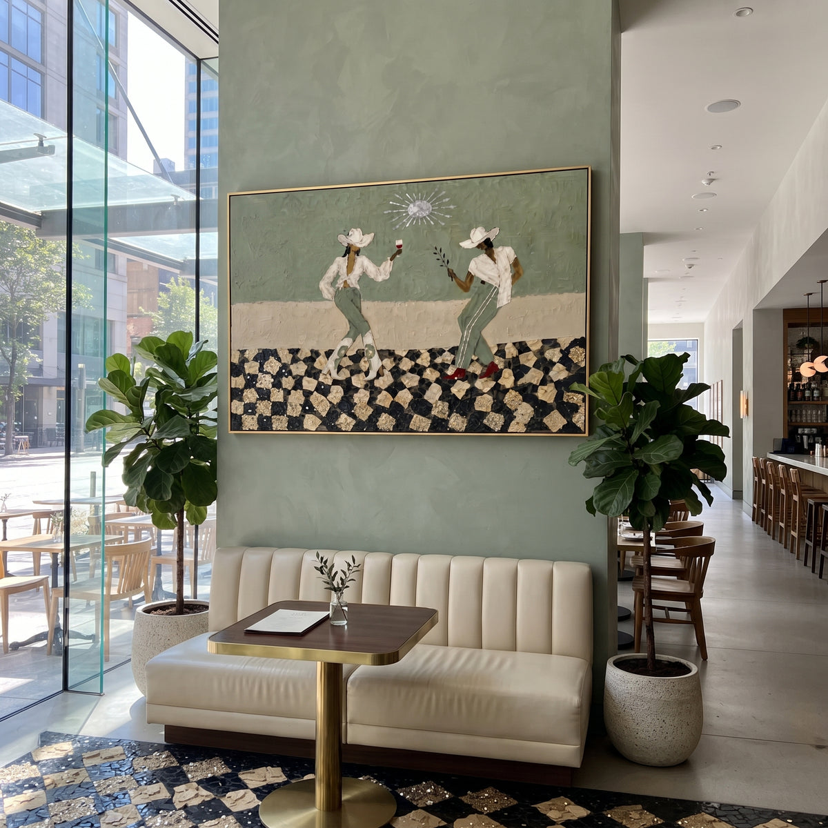 Two Cowboys Checkerboard focuses on two western figures standing on a black and beige checkerboard floor, using the sage green family as the main atmosphere while keeping the subject and composition specific to the actual main image. The visible details are described from the artwork itself: the placement of the main forms, the surrounding negative space, the relationship between pale highlights and deeper green or dark accents, and the direction of the brushwork across the surface. Raised