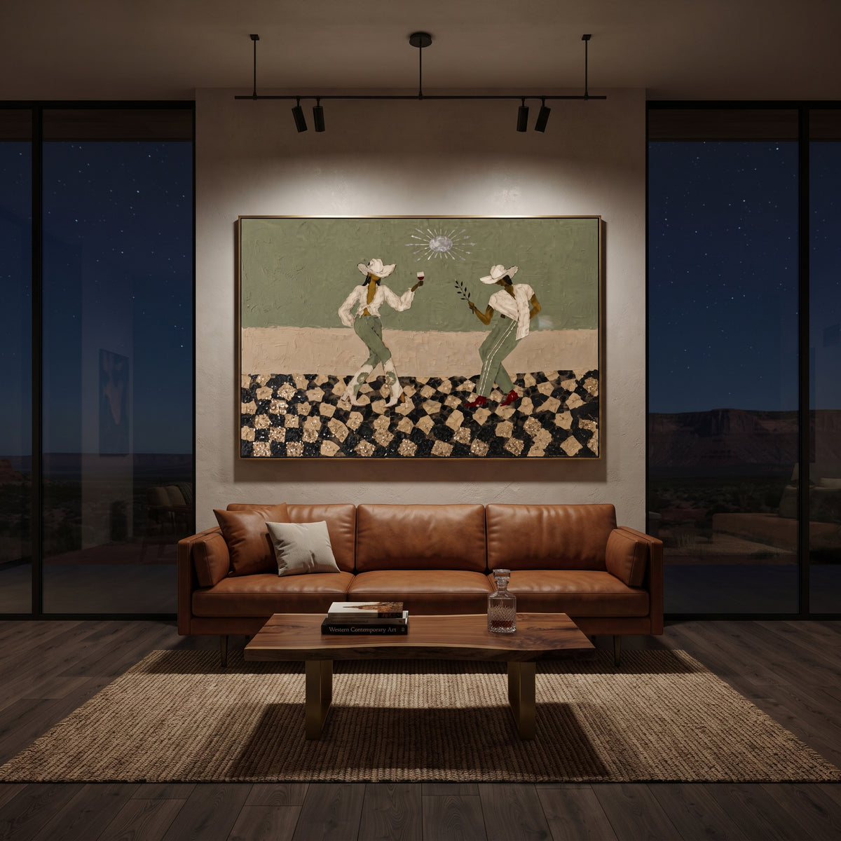 Two Cowboys Checkerboard focuses on two western figures standing on a black and beige checkerboard floor, using the sage green family as the main atmosphere while keeping the subject and composition specific to the actual main image. The visible details are described from the artwork itself: the placement of the main forms, the surrounding negative space, the relationship between pale highlights and deeper green or dark accents, and the direction of the brushwork across the surface. Raised