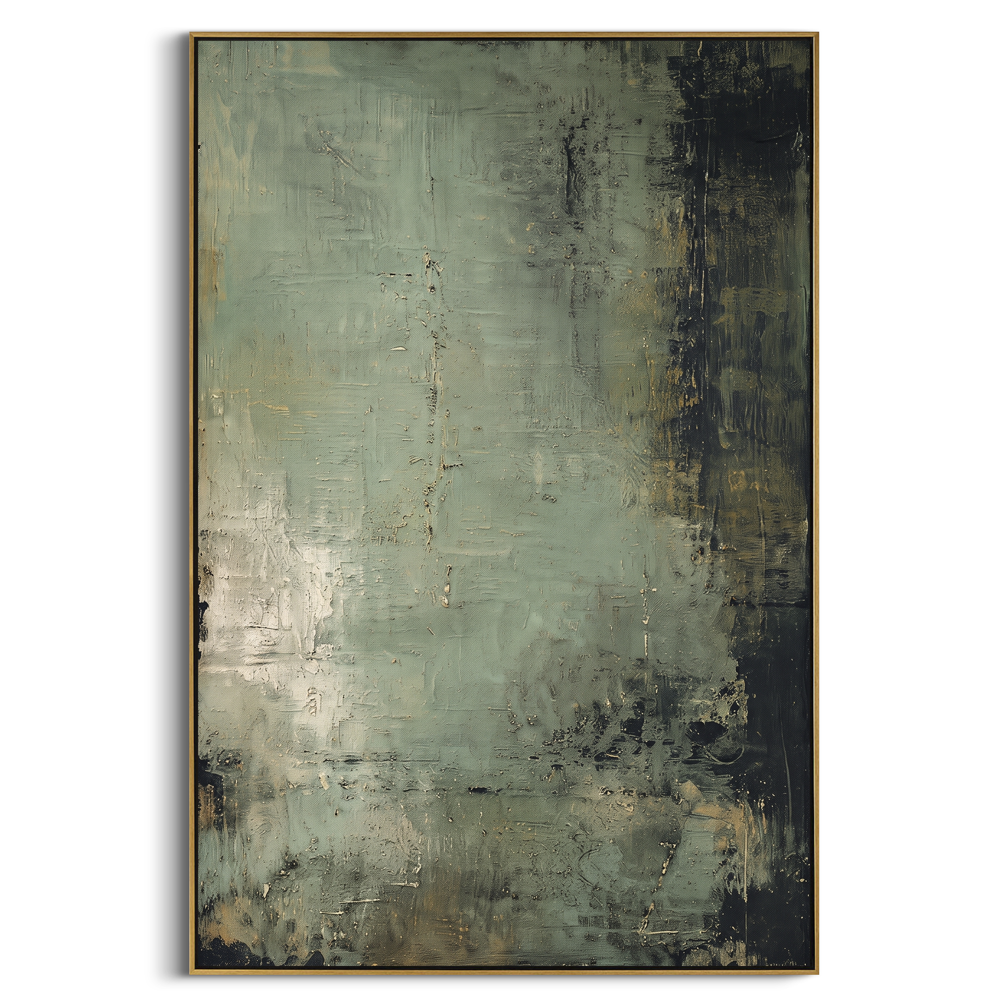 Weathered Sage Black Abstract focuses on weathered sage surface with dark blackened edge texture and pale central light, using the sage green family as the main atmosphere while keeping the subject and composition specific to the actual main image. The visible details are described from the artwork itself: the placement of the main forms, the surrounding negative space, the relationship between pale highlights and deeper green or dark accents, and the direction of the brushwork across the