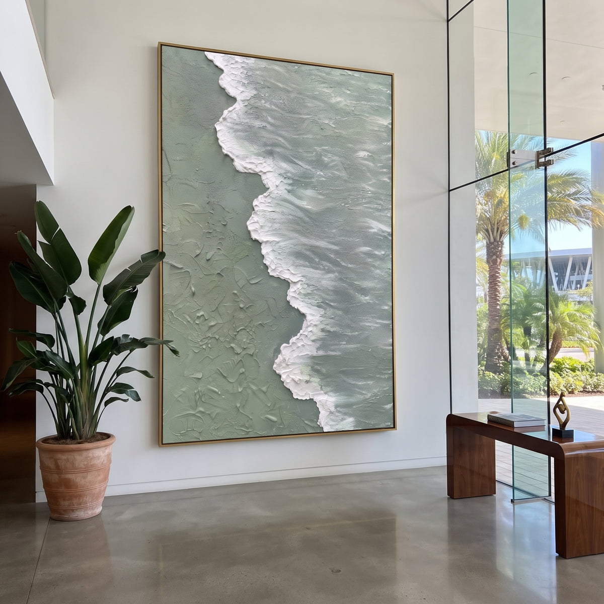 Sage Shoreline Wave Relief focuses on sage water meeting a foamy white shoreline in raised coastal texture, using the sage green family as the main atmosphere while keeping the subject and composition specific to the actual main image. The visible details are described from the artwork itself: the placement of the main forms, the surrounding negative space, the relationship between pale highlights and deeper green or dark accents, and the direction of the brushwork across the surface. Raised