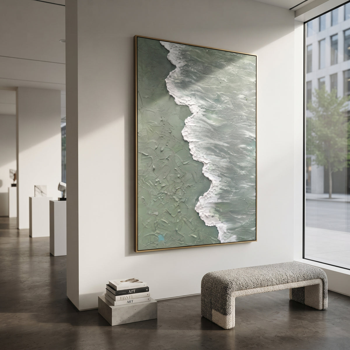 Sage Shoreline Wave Relief focuses on sage water meeting a foamy white shoreline in raised coastal texture, using the sage green family as the main atmosphere while keeping the subject and composition specific to the actual main image. The visible details are described from the artwork itself: the placement of the main forms, the surrounding negative space, the relationship between pale highlights and deeper green or dark accents, and the direction of the brushwork across the surface. Raised