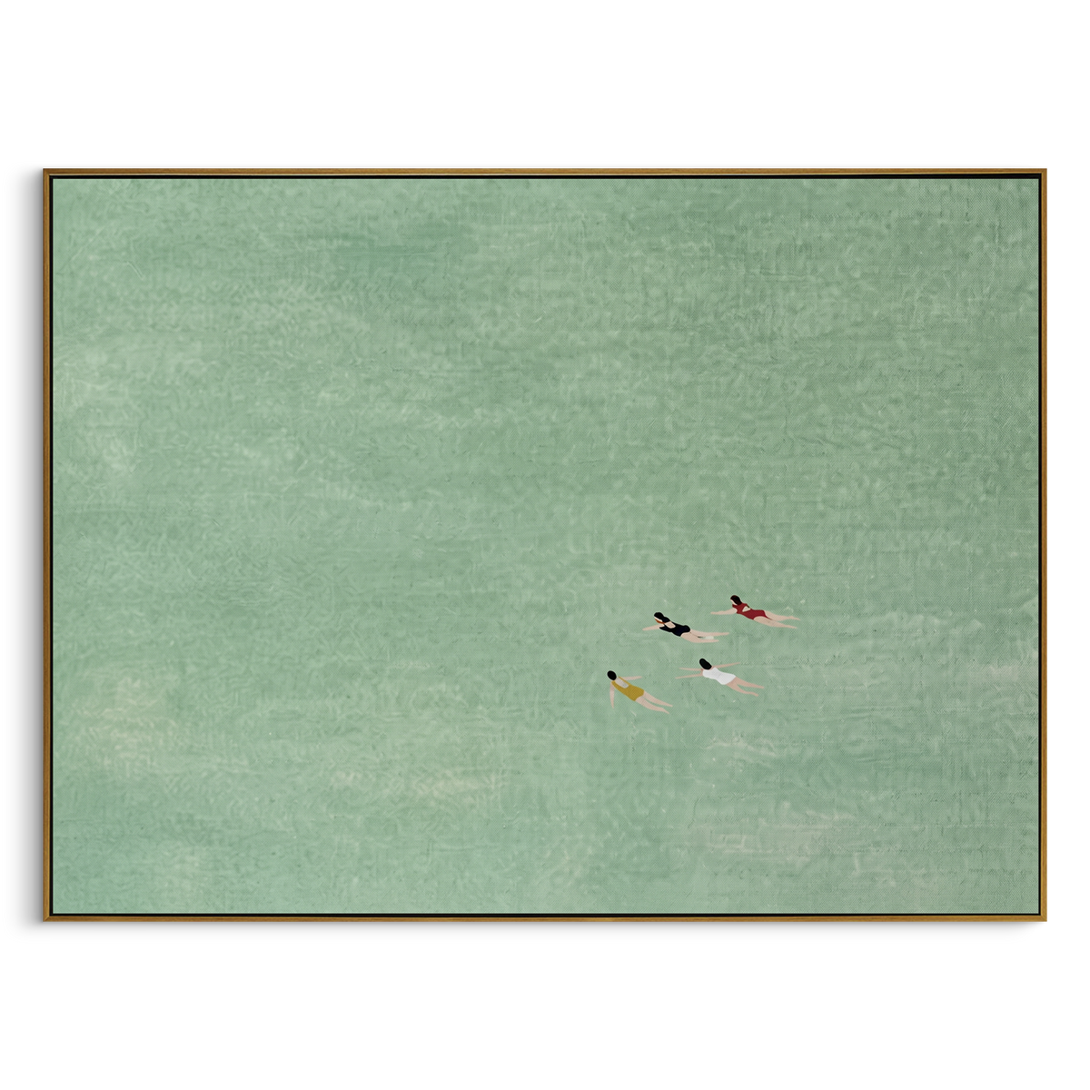 Tiny Swimmers Sage Water focuses on small swimmers scattered across a wide sage green water field, using the sage green family as the main atmosphere while keeping the subject and composition specific to the actual main image. The visible details are described from the artwork itself: the placement of the main forms, the surrounding negative space, the relationship between pale highlights and deeper green or dark accents, and the direction of the brushwork across the surface. Raised