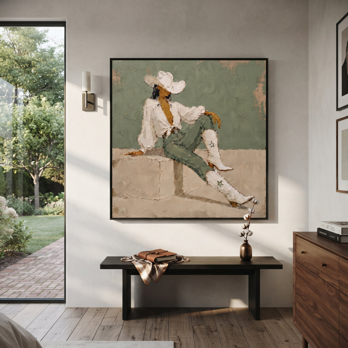 Seated Cowboy Sage Portrait focuses on a seated western figure in white hat and boots against a sage green wall, using the sage green family as the main atmosphere while keeping the subject and composition specific to the actual main image. The visible details are described from the artwork itself: the placement of the main forms, the surrounding negative space, the relationship between pale highlights and deeper green or dark accents, and the direction of the brushwork across the surface.