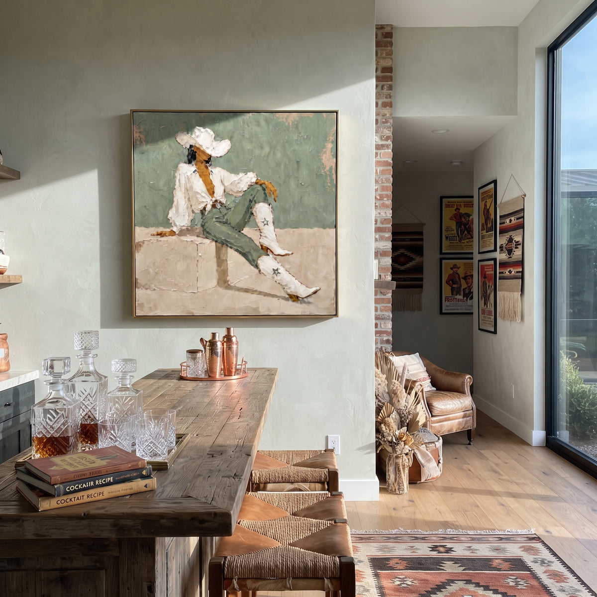 Seated Cowboy Sage Portrait focuses on a seated western figure in white hat and boots against a sage green wall, using the sage green family as the main atmosphere while keeping the subject and composition specific to the actual main image. The visible details are described from the artwork itself: the placement of the main forms, the surrounding negative space, the relationship between pale highlights and deeper green or dark accents, and the direction of the brushwork across the surface.