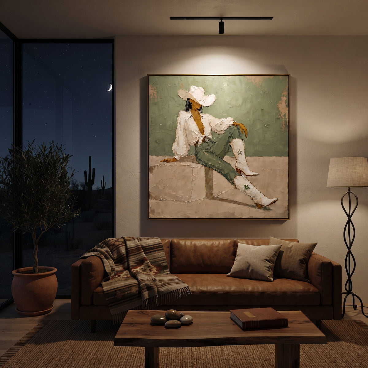 Seated Cowboy Sage Portrait focuses on a seated western figure in white hat and boots against a sage green wall, using the sage green family as the main atmosphere while keeping the subject and composition specific to the actual main image. The visible details are described from the artwork itself: the placement of the main forms, the surrounding negative space, the relationship between pale highlights and deeper green or dark accents, and the direction of the brushwork across the surface.