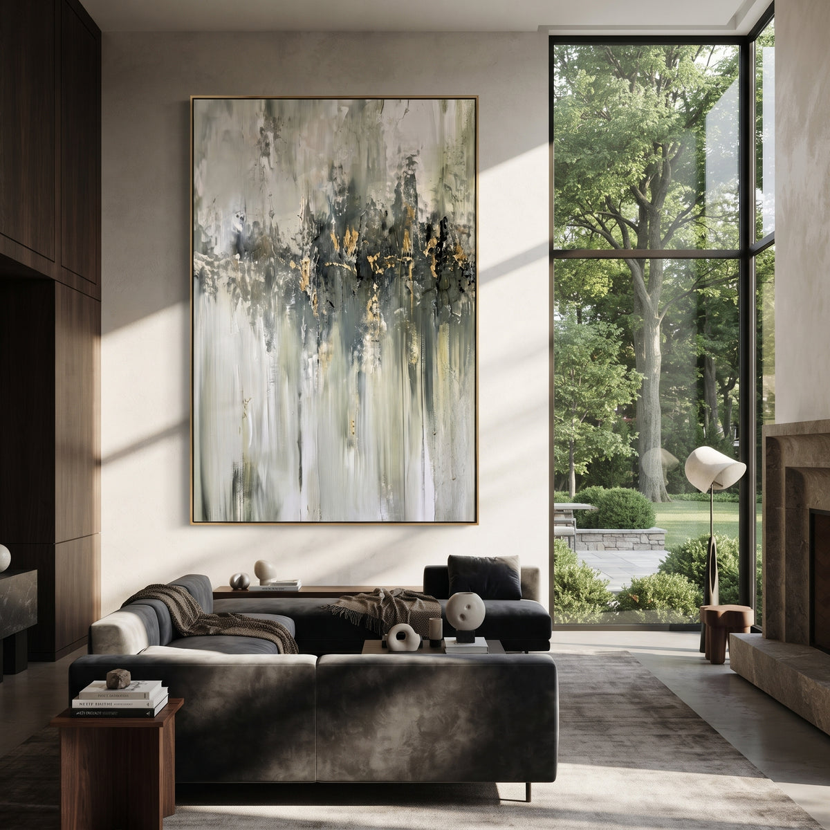 White Black Gold Linear Abstract focuses on white linear brush falls with black central texture and small gold accents, using the sage green family as the main atmosphere while keeping the subject and composition specific to the actual main image. The visible details are described from the artwork itself: the placement of the main forms, the surrounding negative space, the relationship between pale highlights and deeper green or dark accents, and the direction of the brushwork across the