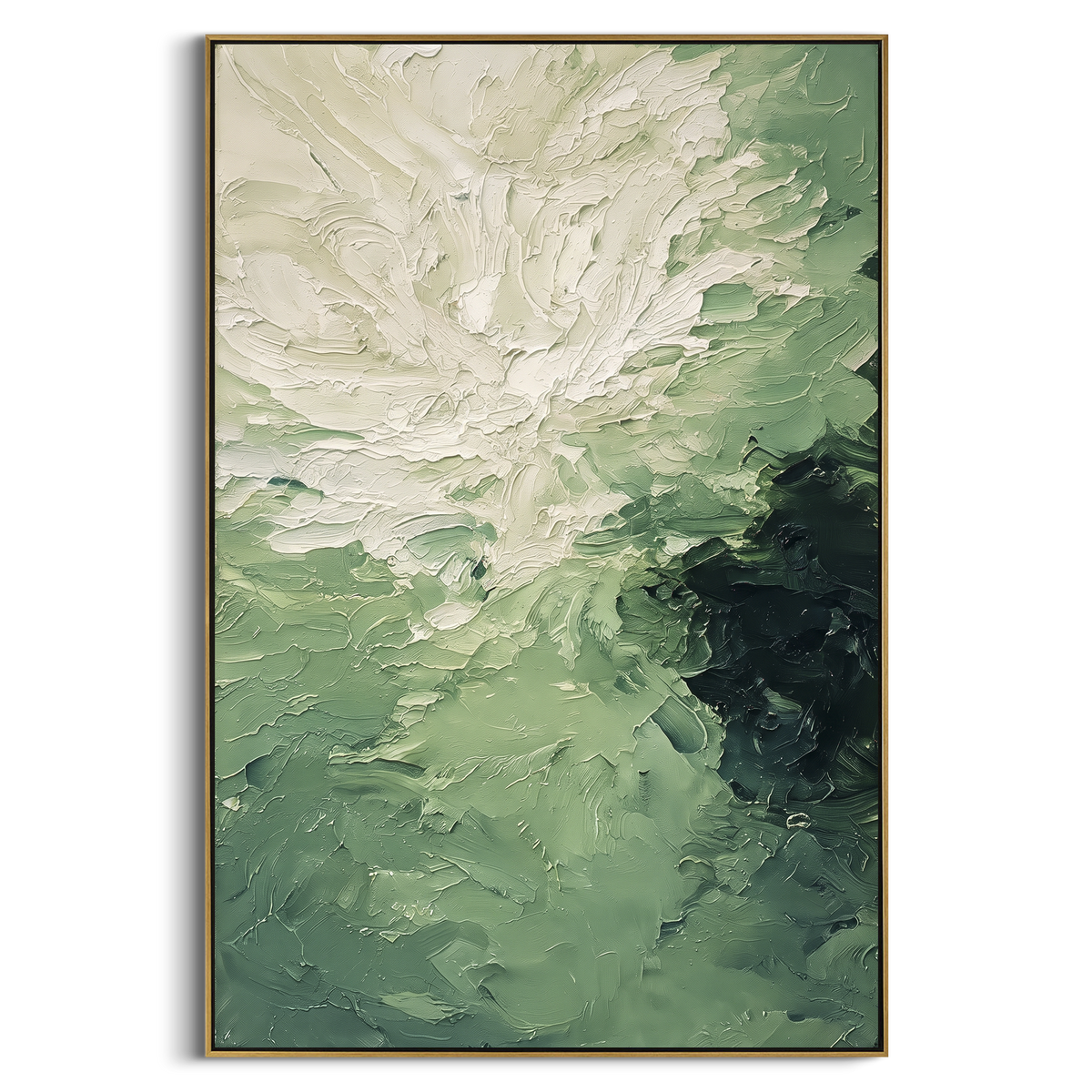 White Bloom Sage Impasto focuses on large white bloom expanding through sage green thick palette knife strokes, using the sage green family as the main atmosphere while keeping the subject and composition specific to the actual main image. The visible details are described from the artwork itself: the placement of the main forms, the surrounding negative space, the relationship between pale highlights and deeper green or dark accents, and the direction of the brushwork across the surface. Raised
