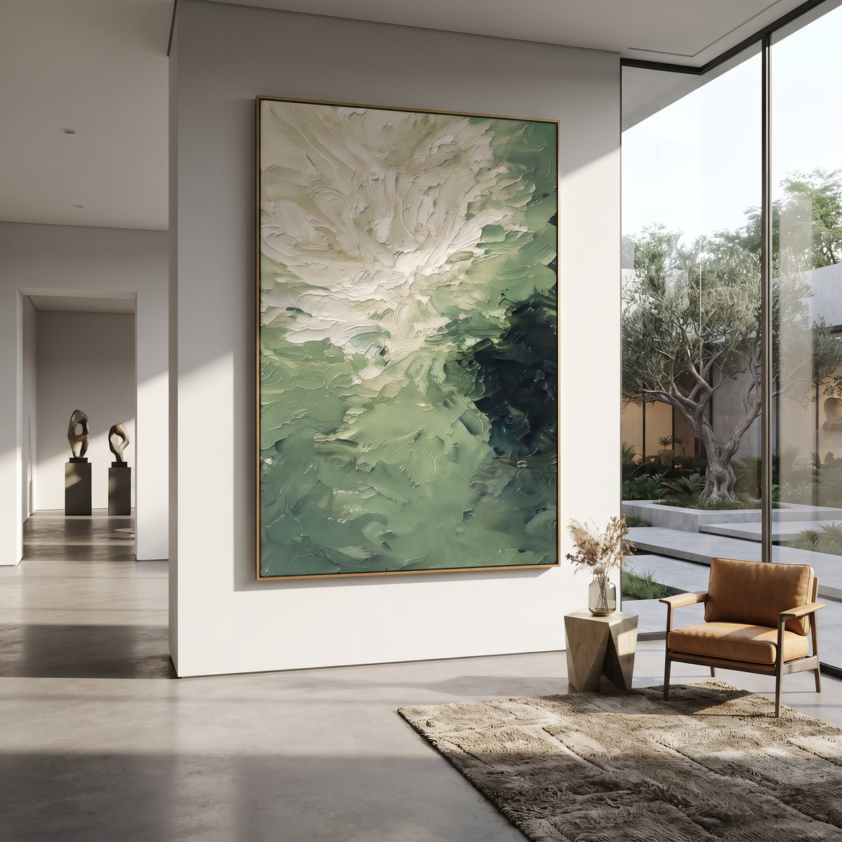 White Bloom Sage Impasto focuses on large white bloom expanding through sage green thick palette knife strokes, using the sage green family as the main atmosphere while keeping the subject and composition specific to the actual main image. The visible details are described from the artwork itself: the placement of the main forms, the surrounding negative space, the relationship between pale highlights and deeper green or dark accents, and the direction of the brushwork across the surface. Raised