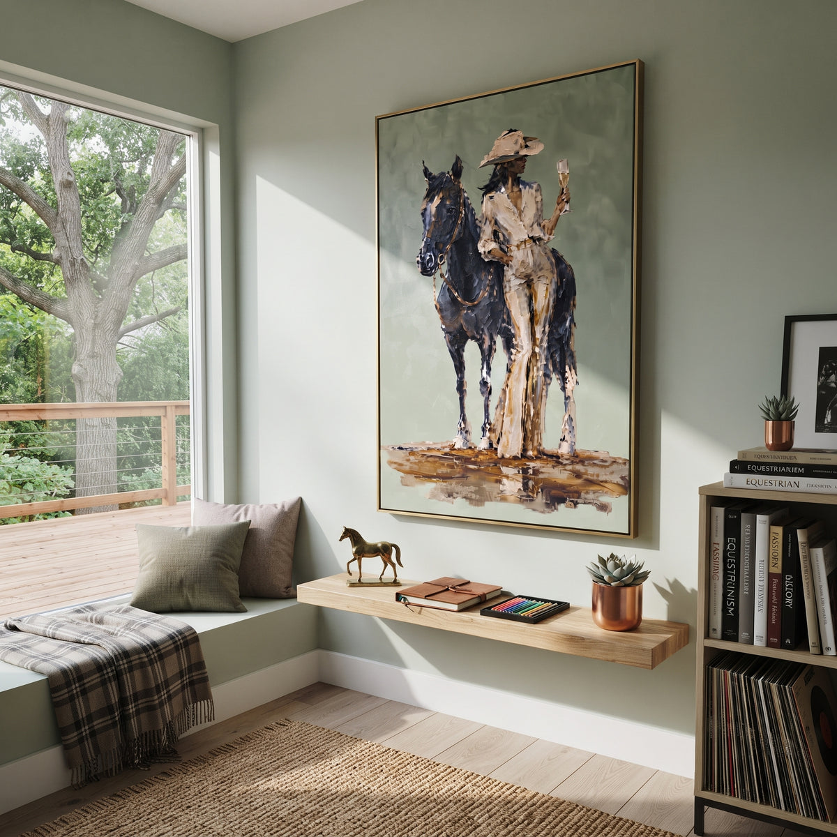 Horse Rider Sage Portrait focuses on a rider standing beside a dark horse on a soft sage ground, using the sage green family as the main atmosphere while keeping the subject and composition specific to the actual main image. The visible details are described from the artwork itself: the placement of the main forms, the surrounding negative space, the relationship between pale highlights and deeper green or dark accents, and the direction of the brushwork across the surface. Raised palette-knife
