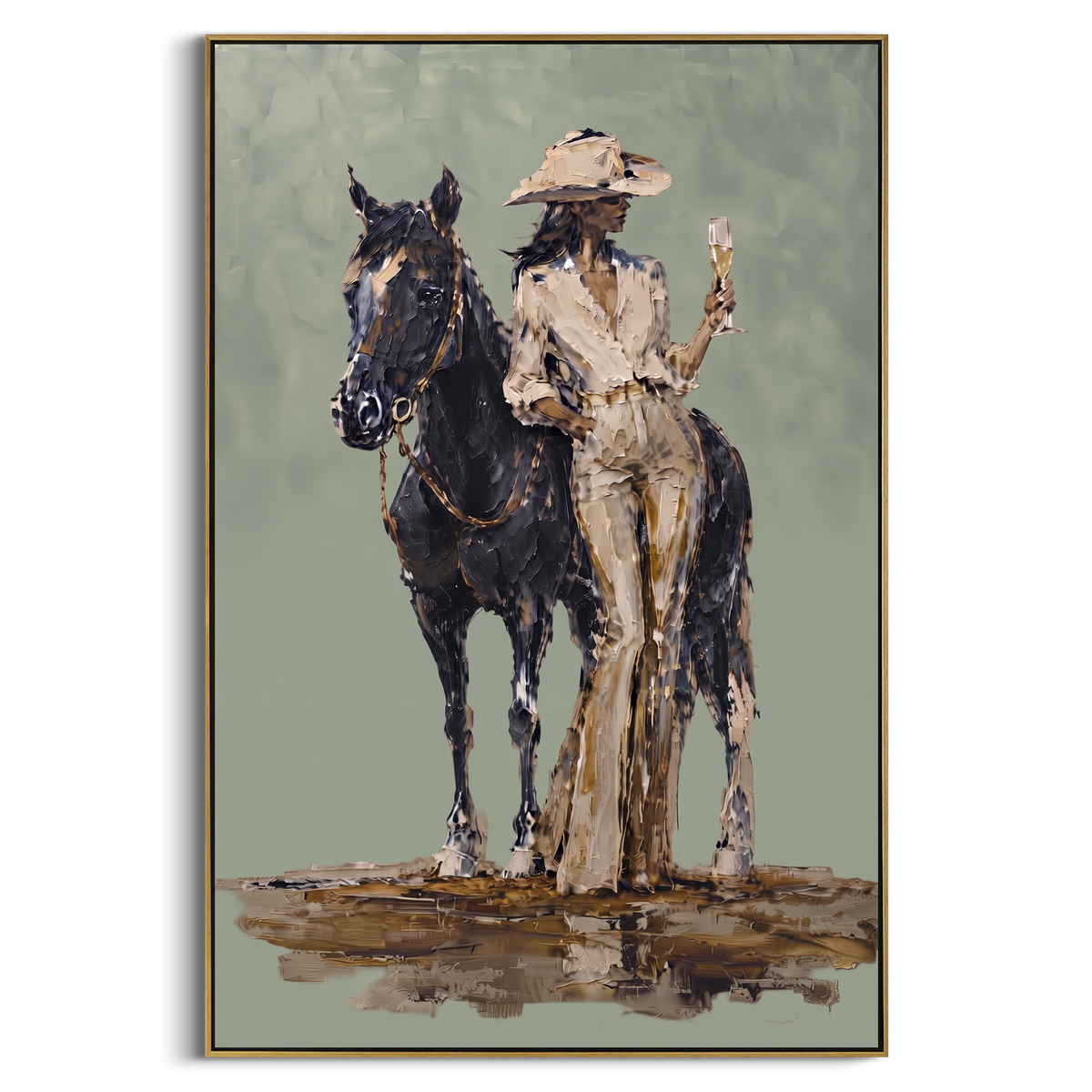 Horse Rider Sage Portrait focuses on a rider standing beside a dark horse on a soft sage ground, using the sage green family as the main atmosphere while keeping the subject and composition specific to the actual main image. The visible details are described from the artwork itself: the placement of the main forms, the surrounding negative space, the relationship between pale highlights and deeper green or dark accents, and the direction of the brushwork across the surface. Raised palette-knife