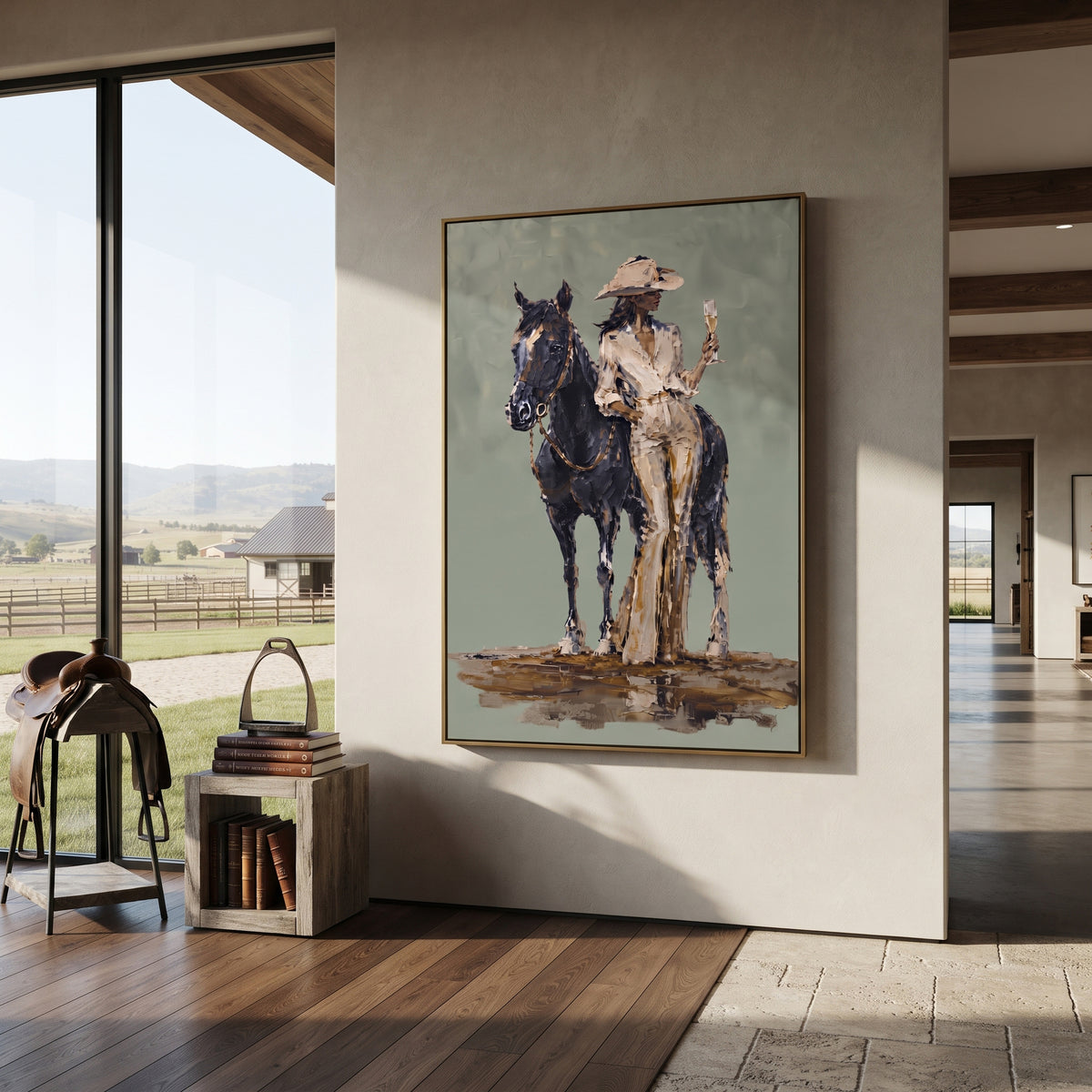 Horse Rider Sage Portrait focuses on a rider standing beside a dark horse on a soft sage ground, using the sage green family as the main atmosphere while keeping the subject and composition specific to the actual main image. The visible details are described from the artwork itself: the placement of the main forms, the surrounding negative space, the relationship between pale highlights and deeper green or dark accents, and the direction of the brushwork across the surface. Raised palette-knife