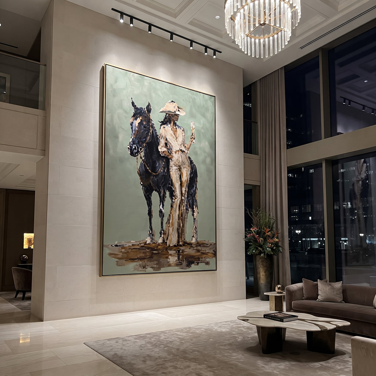 Horse Rider Sage Portrait focuses on a rider standing beside a dark horse on a soft sage ground, using the sage green family as the main atmosphere while keeping the subject and composition specific to the actual main image. The visible details are described from the artwork itself: the placement of the main forms, the surrounding negative space, the relationship between pale highlights and deeper green or dark accents, and the direction of the brushwork across the surface. Raised palette-knife