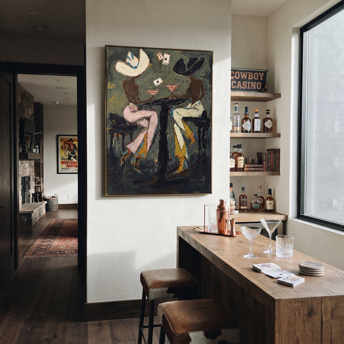Dark Cafe Figures focuses on two expressive figures seated at a dark cafe table with white floral accents, using the sage green family as the main atmosphere while keeping the subject and composition specific to the actual main image. The visible details are described from the artwork itself: the placement of the main forms, the surrounding negative space, the relationship between pale highlights and deeper green or dark accents, and the direction of the brushwork across the surface. Raised
