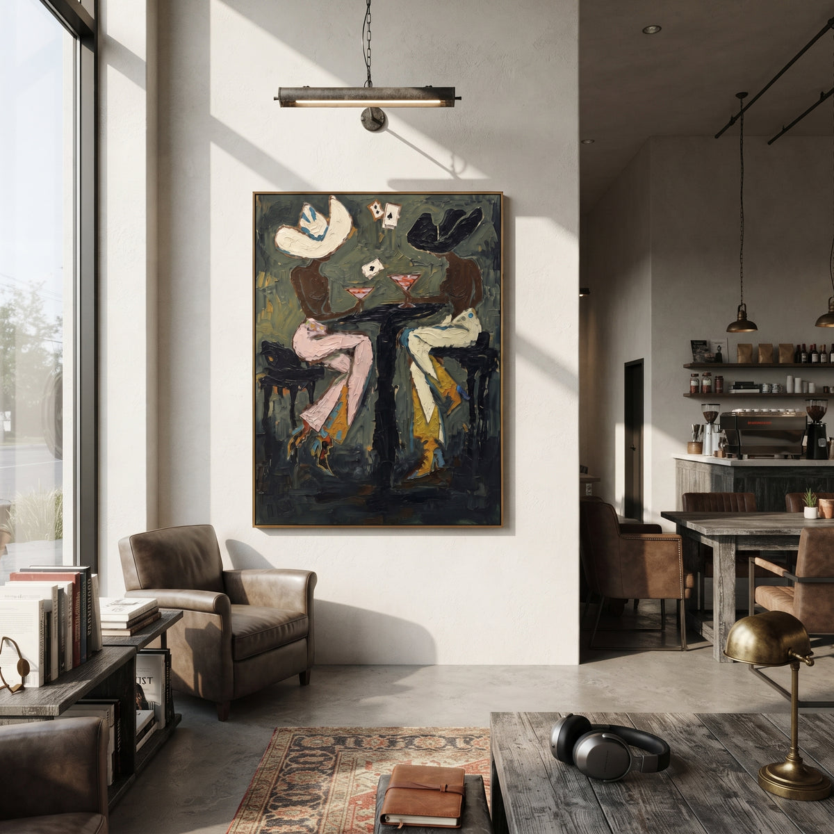 Dark Cafe Figures focuses on two expressive figures seated at a dark cafe table with white floral accents, using the sage green family as the main atmosphere while keeping the subject and composition specific to the actual main image. The visible details are described from the artwork itself: the placement of the main forms, the surrounding negative space, the relationship between pale highlights and deeper green or dark accents, and the direction of the brushwork across the surface. Raised