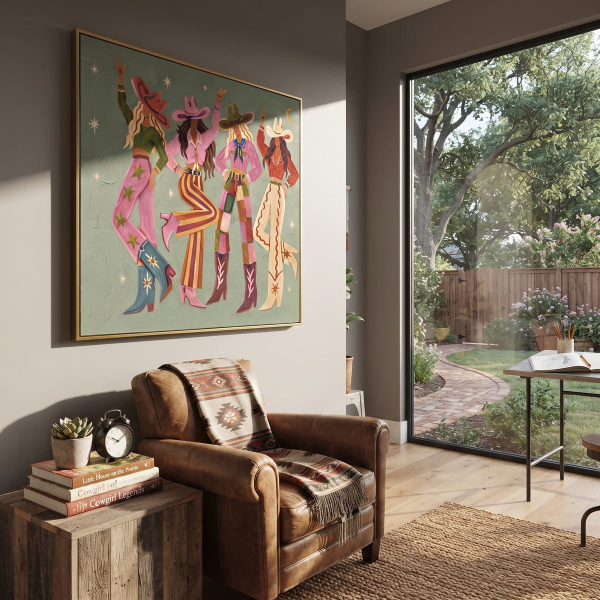 Colorful Cowgirl Group focuses on four colorful western women in hats standing on a muted sage ground, using the sage green family as the main atmosphere while keeping the subject and composition specific to the actual main image. The visible details are described from the artwork itself: the placement of the main forms, the surrounding negative space, the relationship between pale highlights and deeper green or dark accents, and the direction of the brushwork across the surface. Raised