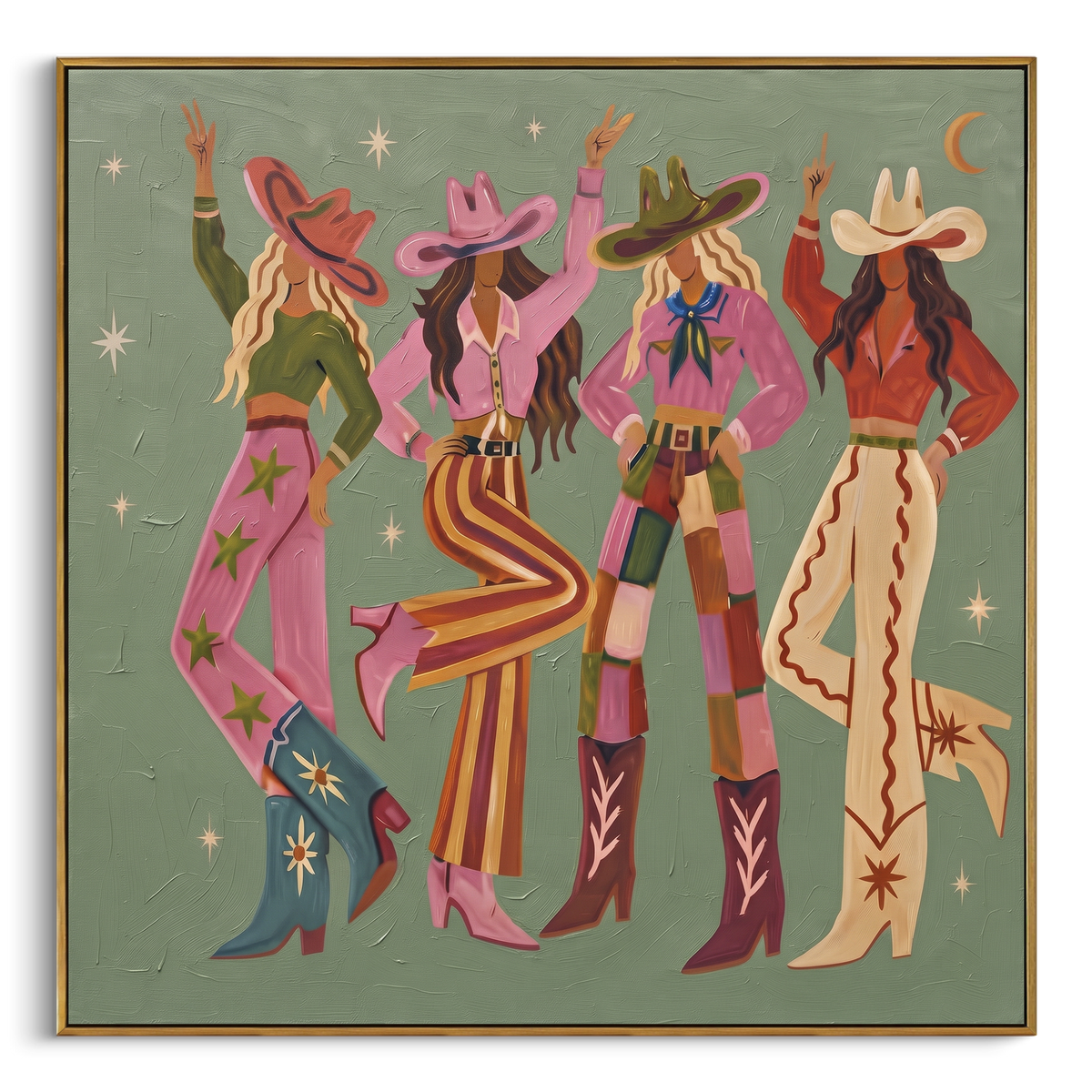 Colorful Cowgirl Group focuses on four colorful western women in hats standing on a muted sage ground, using the sage green family as the main atmosphere while keeping the subject and composition specific to the actual main image. The visible details are described from the artwork itself: the placement of the main forms, the surrounding negative space, the relationship between pale highlights and deeper green or dark accents, and the direction of the brushwork across the surface. Raised