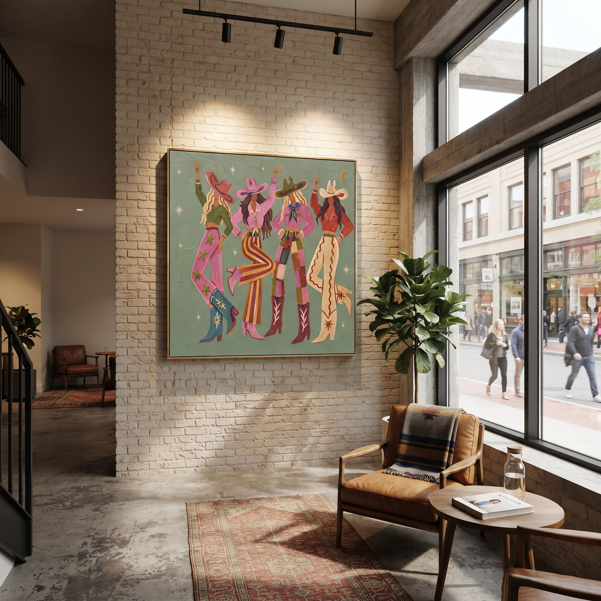 Colorful Cowgirl Group focuses on four colorful western women in hats standing on a muted sage ground, using the sage green family as the main atmosphere while keeping the subject and composition specific to the actual main image. The visible details are described from the artwork itself: the placement of the main forms, the surrounding negative space, the relationship between pale highlights and deeper green or dark accents, and the direction of the brushwork across the surface. Raised