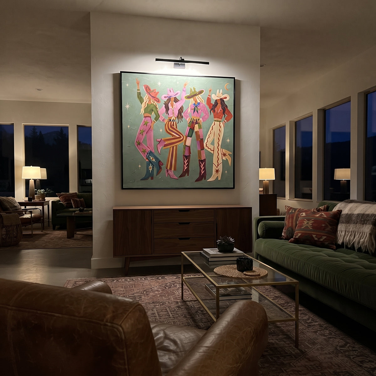 Colorful Cowgirl Group focuses on four colorful western women in hats standing on a muted sage ground, using the sage green family as the main atmosphere while keeping the subject and composition specific to the actual main image. The visible details are described from the artwork itself: the placement of the main forms, the surrounding negative space, the relationship between pale highlights and deeper green or dark accents, and the direction of the brushwork across the surface. Raised