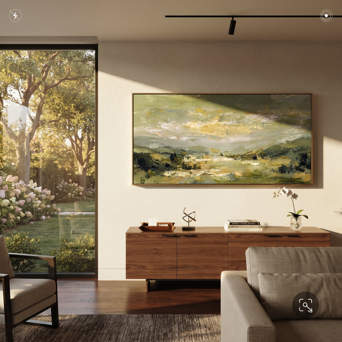 Sage Valley Field Landscape focuses on soft valley fields and cloudy sky painted in muted sage and cream tones, using the sage green family as the main atmosphere while keeping the subject and composition specific to the actual main image. The visible details are described from the artwork itself: the placement of the main forms, the surrounding negative space, the relationship between pale highlights and deeper green or dark accents, and the direction of the brushwork across the surface. Raised