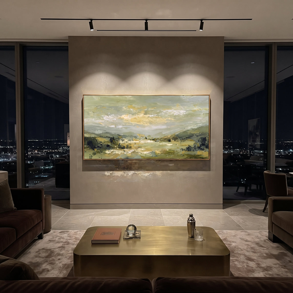 Sage Valley Field Landscape focuses on soft valley fields and cloudy sky painted in muted sage and cream tones, using the sage green family as the main atmosphere while keeping the subject and composition specific to the actual main image. The visible details are described from the artwork itself: the placement of the main forms, the surrounding negative space, the relationship between pale highlights and deeper green or dark accents, and the direction of the brushwork across the surface. Raised