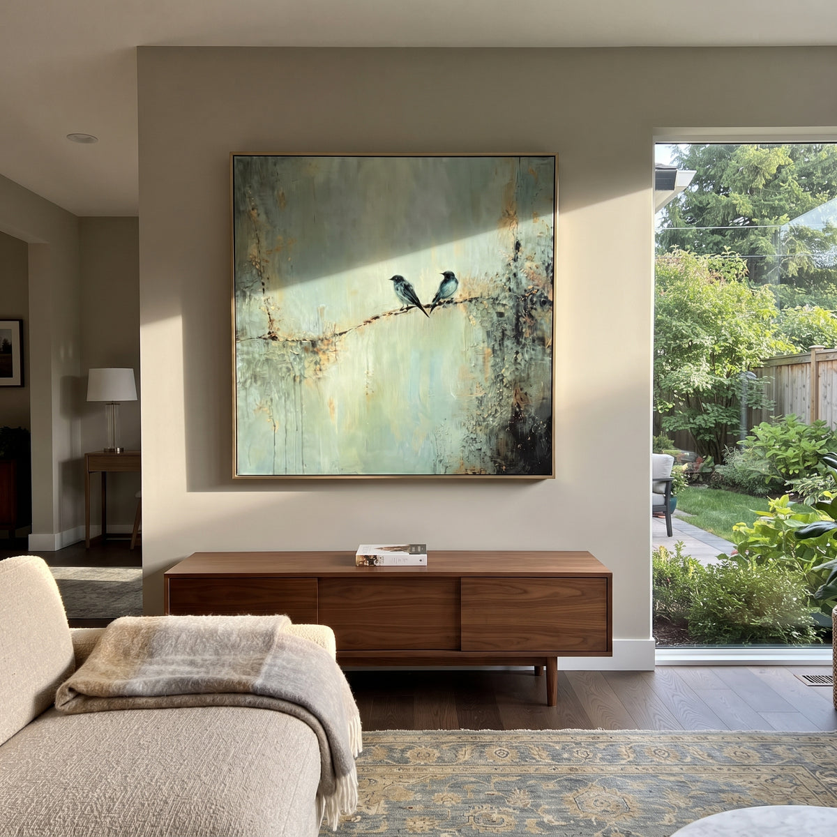 Two Birds Sage Branch focuses on two small birds sitting together on a fine branch over a weathered sage wall, using the sage green family as the main atmosphere while keeping the subject and composition specific to the actual main image. The visible details are described from the artwork itself: the placement of the main forms, the surrounding negative space, the relationship between pale highlights and deeper green or dark accents, and the direction of the brushwork across the surface. Raised