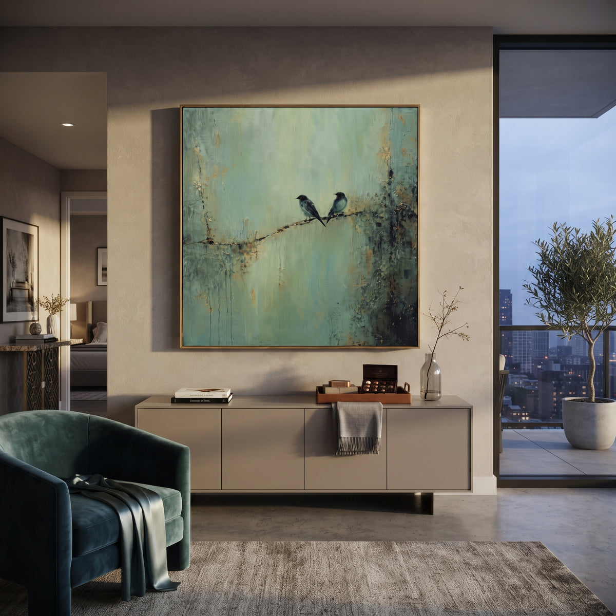 Two Birds Sage Branch focuses on two small birds sitting together on a fine branch over a weathered sage wall, using the sage green family as the main atmosphere while keeping the subject and composition specific to the actual main image. The visible details are described from the artwork itself: the placement of the main forms, the surrounding negative space, the relationship between pale highlights and deeper green or dark accents, and the direction of the brushwork across the surface. Raised