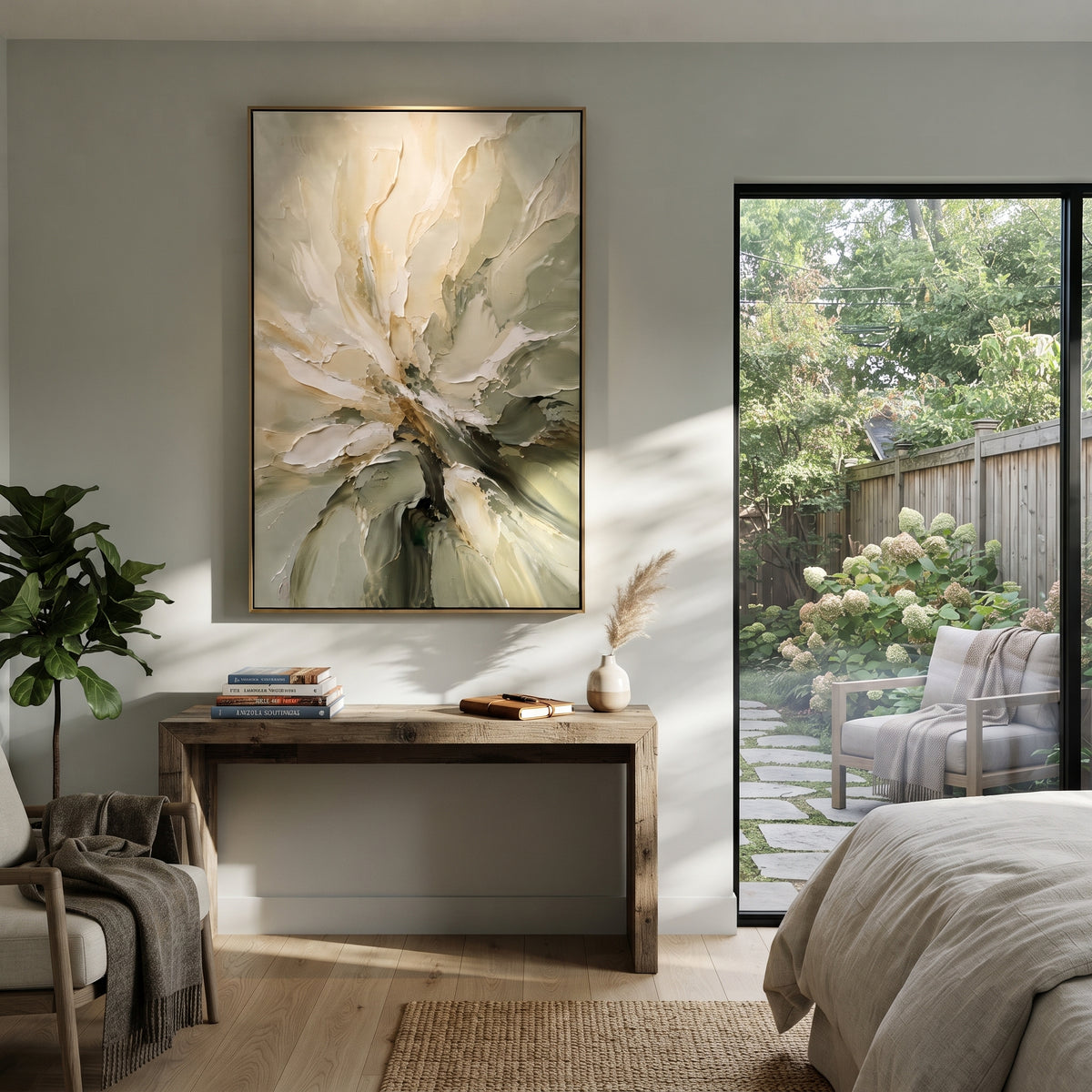 White Flower Sage Petals focuses on white flower petals opening across a sage and olive textured ground, using the sage green family as the main atmosphere while keeping the subject and composition specific to the actual main image. The visible details are described from the artwork itself: the placement of the main forms, the surrounding negative space, the relationship between pale highlights and deeper green or dark accents, and the direction of the brushwork across the surface. Raised