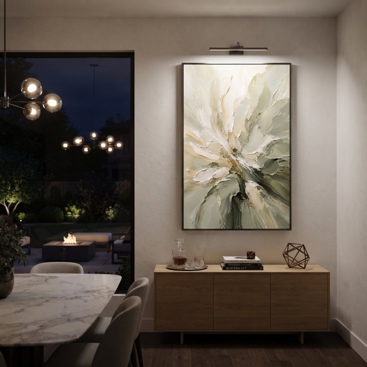 White Flower Sage Petals focuses on white flower petals opening across a sage and olive textured ground, using the sage green family as the main atmosphere while keeping the subject and composition specific to the actual main image. The visible details are described from the artwork itself: the placement of the main forms, the surrounding negative space, the relationship between pale highlights and deeper green or dark accents, and the direction of the brushwork across the surface. Raised