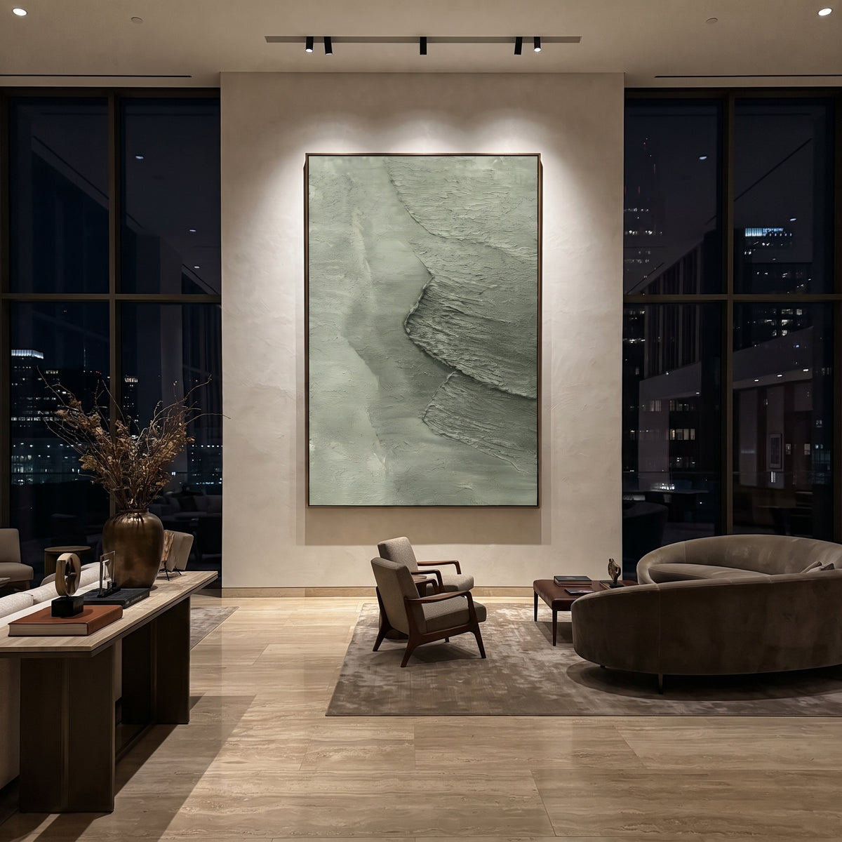 Sage Coastal Texture Relief focuses on sage coastal bands and foamy white edge texture moving down the canvas, using the sage green family as the main atmosphere while keeping the subject and composition specific to the actual main image. The visible details are described from the artwork itself: the placement of the main forms, the surrounding negative space, the relationship between pale highlights and deeper green or dark accents, and the direction of the brushwork across the surface. Raised