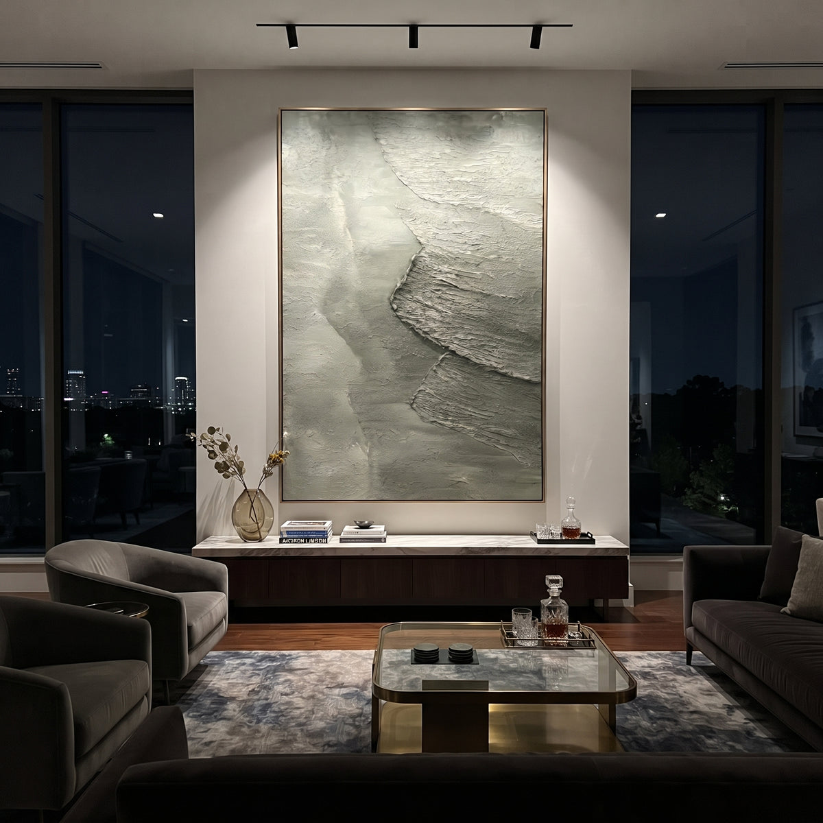 Sage Coastal Texture Relief focuses on sage coastal bands and foamy white edge texture moving down the canvas, using the sage green family as the main atmosphere while keeping the subject and composition specific to the actual main image. The visible details are described from the artwork itself: the placement of the main forms, the surrounding negative space, the relationship between pale highlights and deeper green or dark accents, and the direction of the brushwork across the surface. Raised