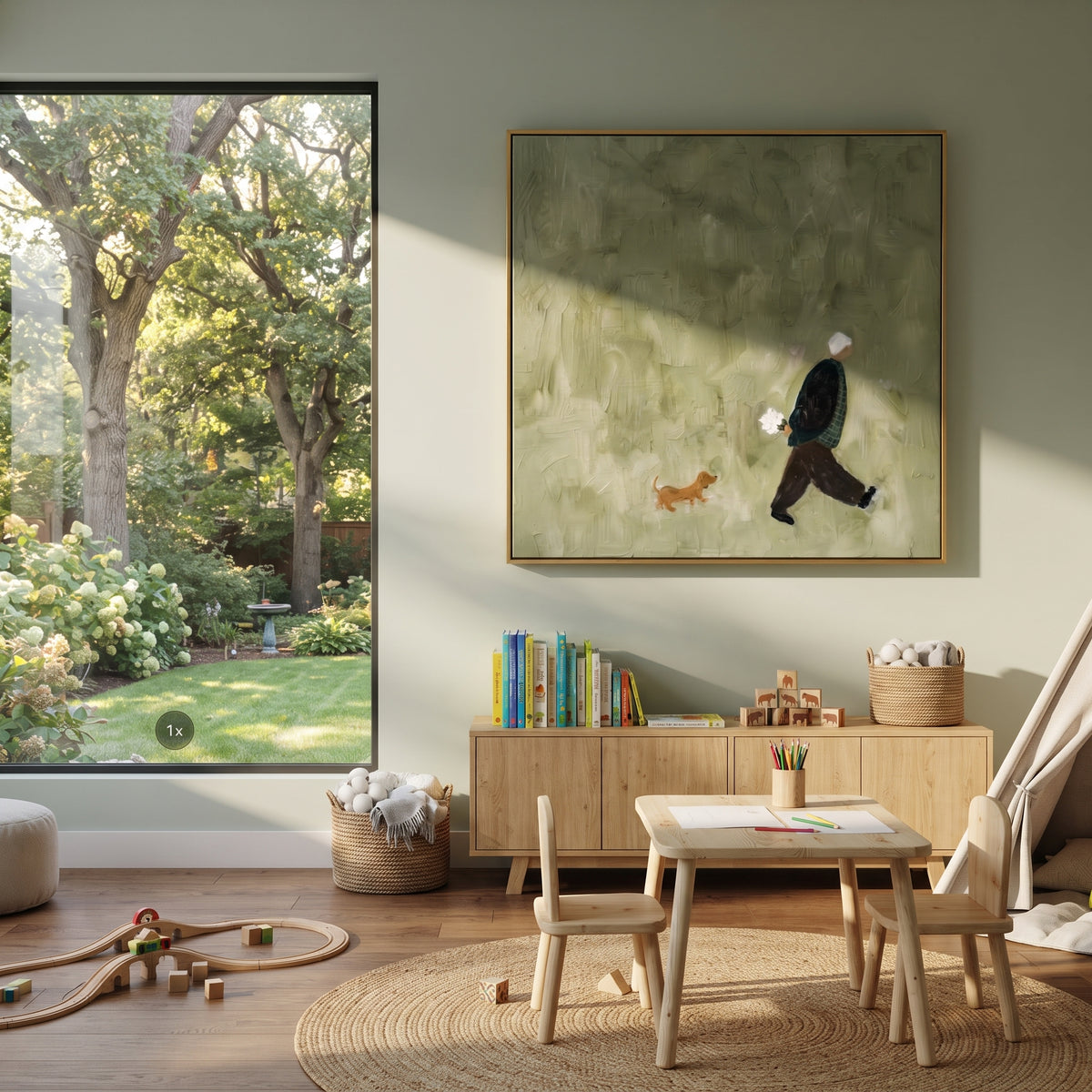 Walking Man With Small Dog focuses on a walking figure and small brown dog crossing a quiet sage green space, using the sage green family as the main atmosphere while keeping the subject and composition specific to the actual main image. The visible details are described from the artwork itself: the placement of the main forms, the surrounding negative space, the relationship between pale highlights and deeper green or dark accents, and the direction of the brushwork across the surface. Raised
