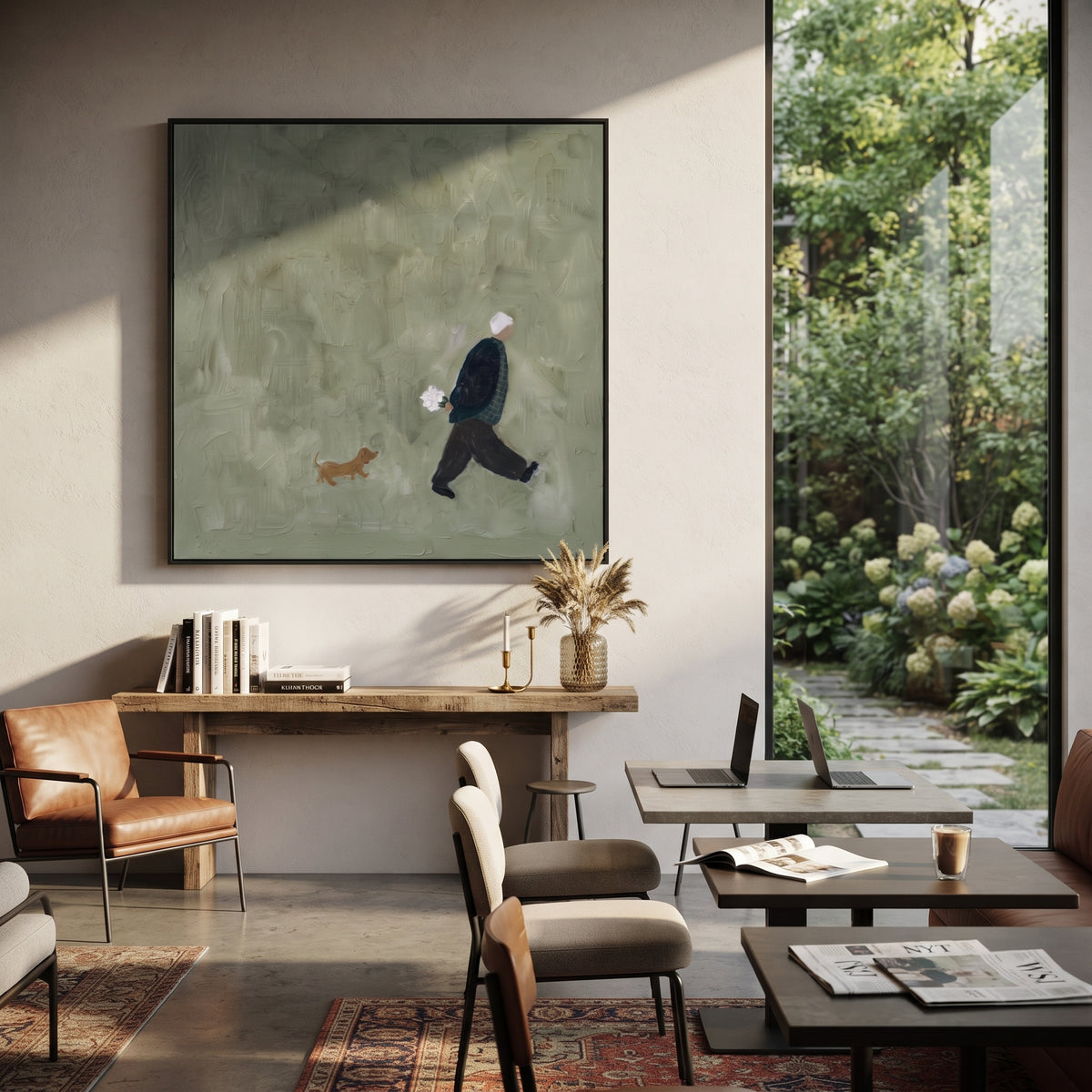 Walking Man With Small Dog focuses on a walking figure and small brown dog crossing a quiet sage green space, using the sage green family as the main atmosphere while keeping the subject and composition specific to the actual main image. The visible details are described from the artwork itself: the placement of the main forms, the surrounding negative space, the relationship between pale highlights and deeper green or dark accents, and the direction of the brushwork across the surface. Raised