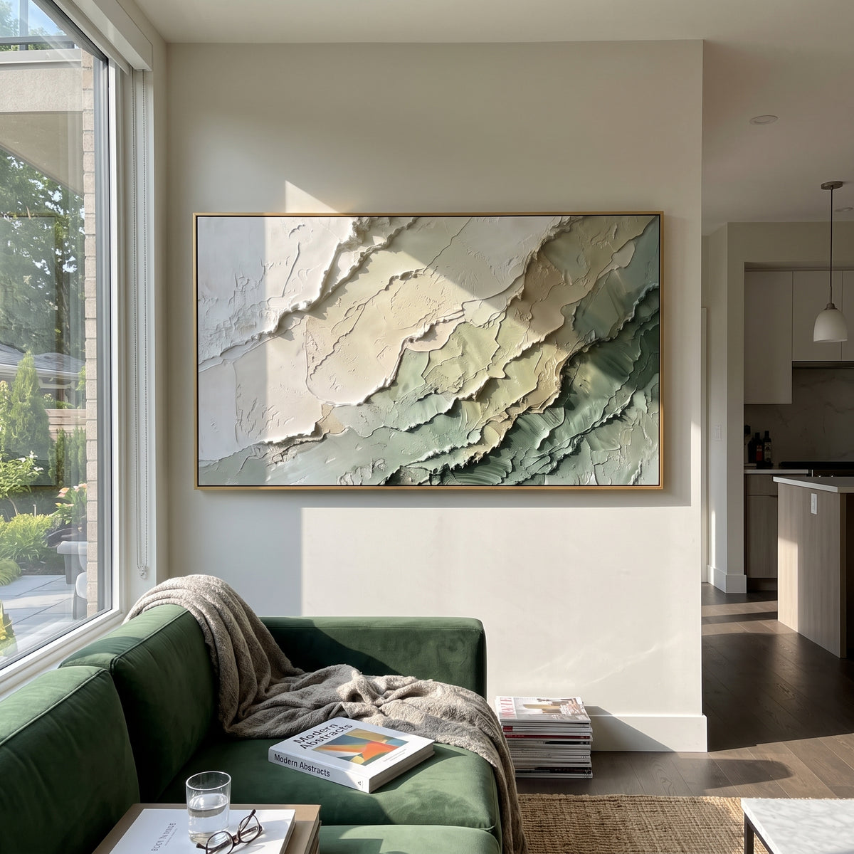 Sage Layered Terrain Relief focuses on stacked sage, cream, and deep green terrain bands with raised plaster edges, using the sage green family as the main atmosphere while keeping the subject and composition specific to the actual main image. The visible details are described from the artwork itself: the placement of the main forms, the surrounding negative space, the relationship between pale highlights and deeper green or dark accents, and the direction of the brushwork across the surface.