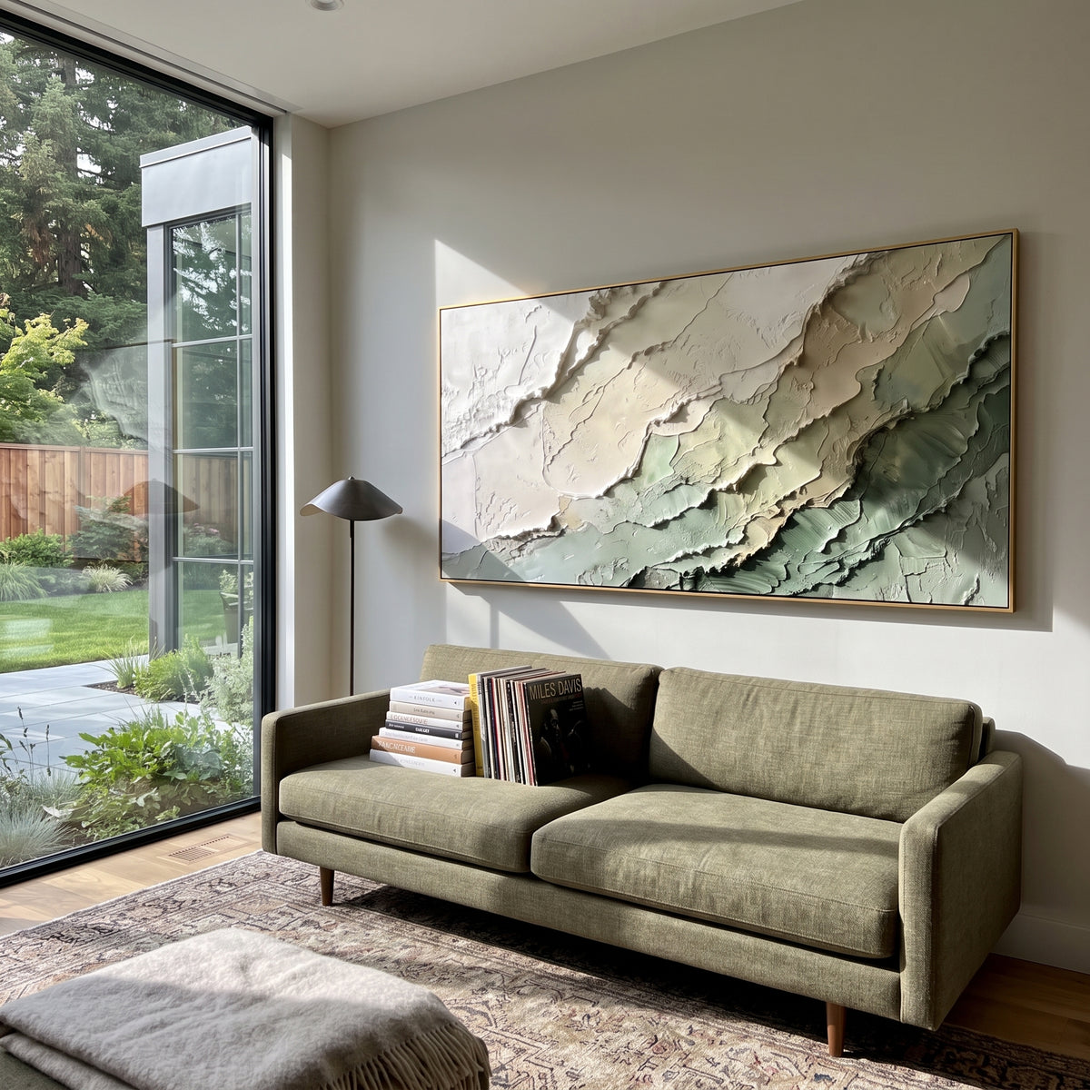 Sage Layered Terrain Relief focuses on stacked sage, cream, and deep green terrain bands with raised plaster edges, using the sage green family as the main atmosphere while keeping the subject and composition specific to the actual main image. The visible details are described from the artwork itself: the placement of the main forms, the surrounding negative space, the relationship between pale highlights and deeper green or dark accents, and the direction of the brushwork across the surface.