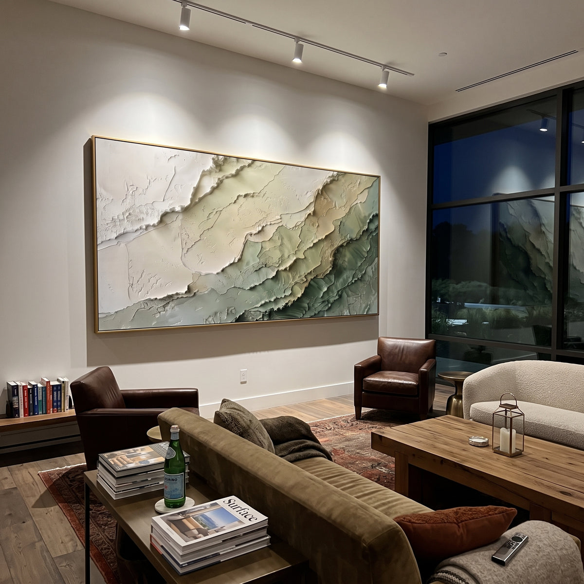 Sage Layered Terrain Relief focuses on stacked sage, cream, and deep green terrain bands with raised plaster edges, using the sage green family as the main atmosphere while keeping the subject and composition specific to the actual main image. The visible details are described from the artwork itself: the placement of the main forms, the surrounding negative space, the relationship between pale highlights and deeper green or dark accents, and the direction of the brushwork across the surface.